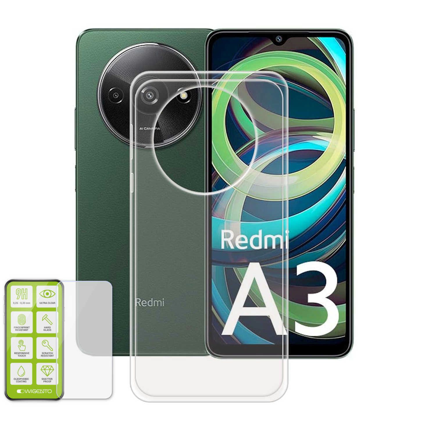 Wigento Handyhülle Für Xiaomi Redmi A3 Silikon TPU Hülle Case Transparent + H9 Hart Glas