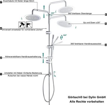Görbach Duschsystem Regendusche Duschset ohne Armatur, mit Duschkopf, Duschstange, Duschschlauch, Rund Kopfbrause D25cm