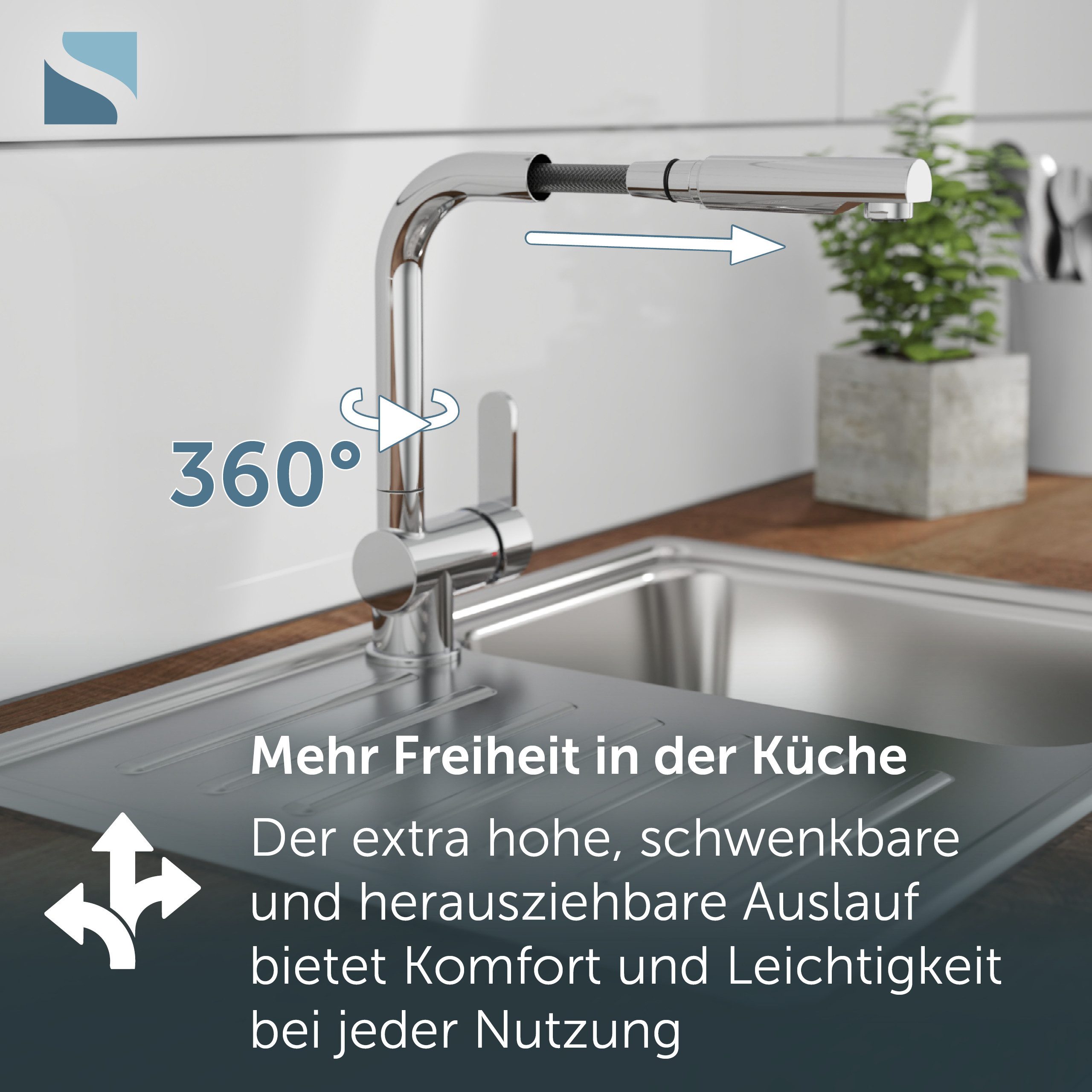 Schütte Spültischarmatur LONDON Niederdruck, 360° schwenkbarer Wasserhahn, herausziehbare Brause – Bild 5 von 5