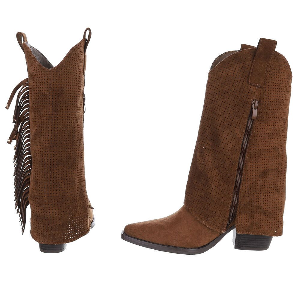 Ital-Design Damen Boots mit Fransen und perforiertem Design Westernstiefel (91154607) Blockabsatz Stiefel in Braun – Bild 5 von 5