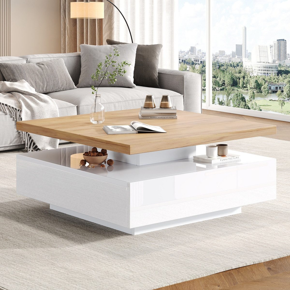 Couchtisch 360° drehbar, weiß hochglänzend, multifunktional, 70x70x36 cm