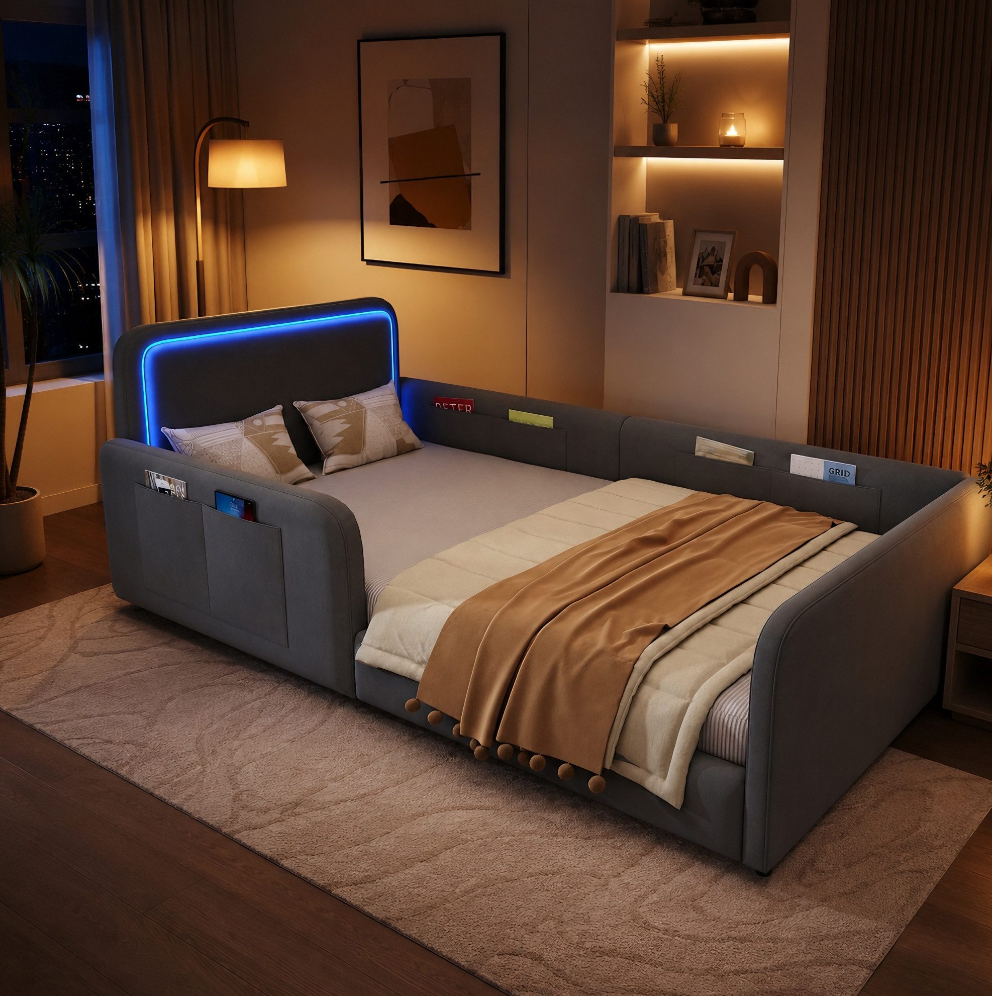 MODFU Polsterbett Jugendbett mit LED-Kopfteilbeleuchtung (90 x 200 cm, Kinderbett mit LED-Lichtleiste und App-Steuerung, Seitentaschen, Einzelbett), ohne Matratze