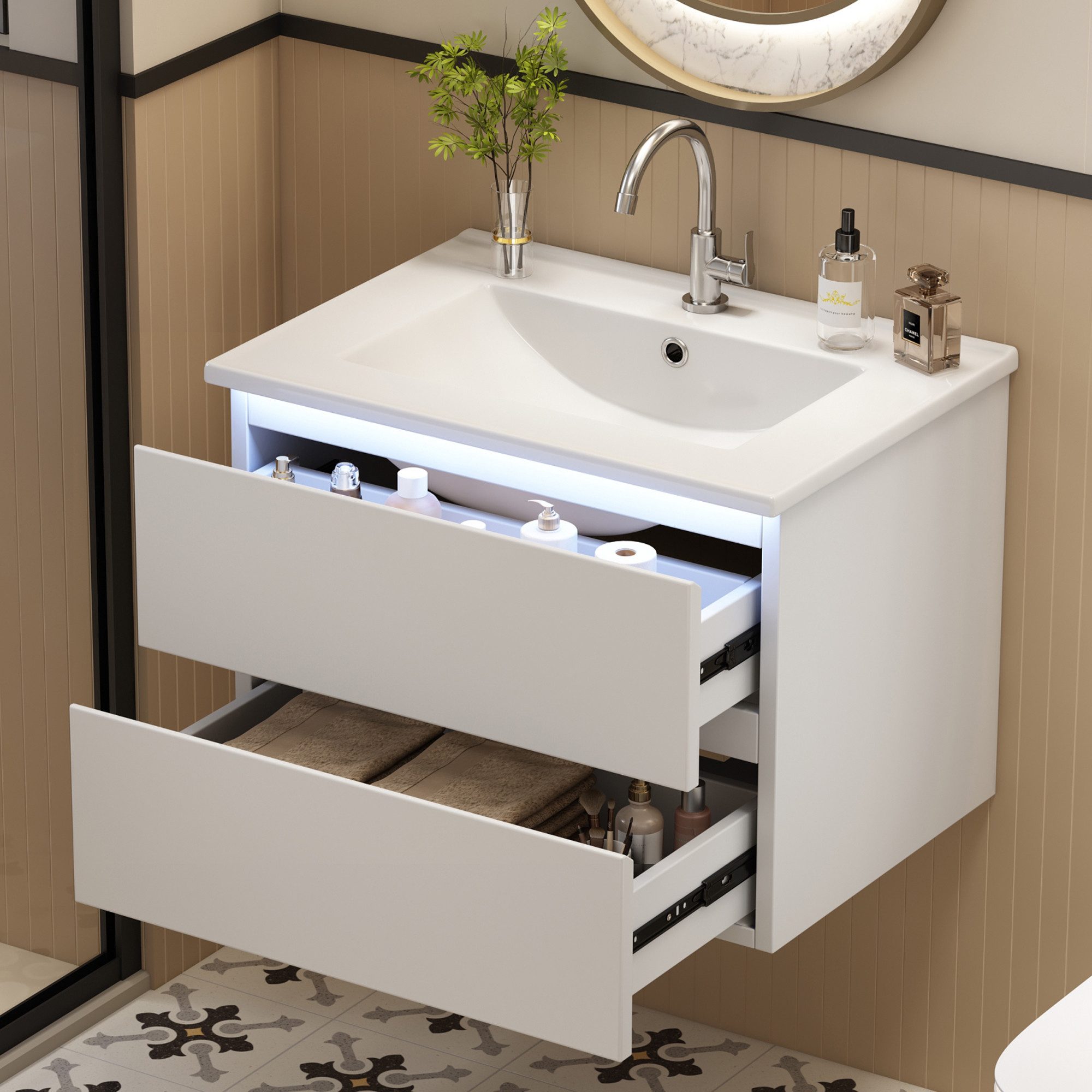 Flieks Waschtisch mit LED-Radarsensor und 2 Schubladen Badmöbel-Set, wandhängend (B61/T46/H45 cm, 1-St., Volllackierung, Badschrank mit Led-Beleuchtung Waschplatz Badzimmer), Waschbeckenunterschrank inkl. Waschbecken Badzimmerschrank Weiß