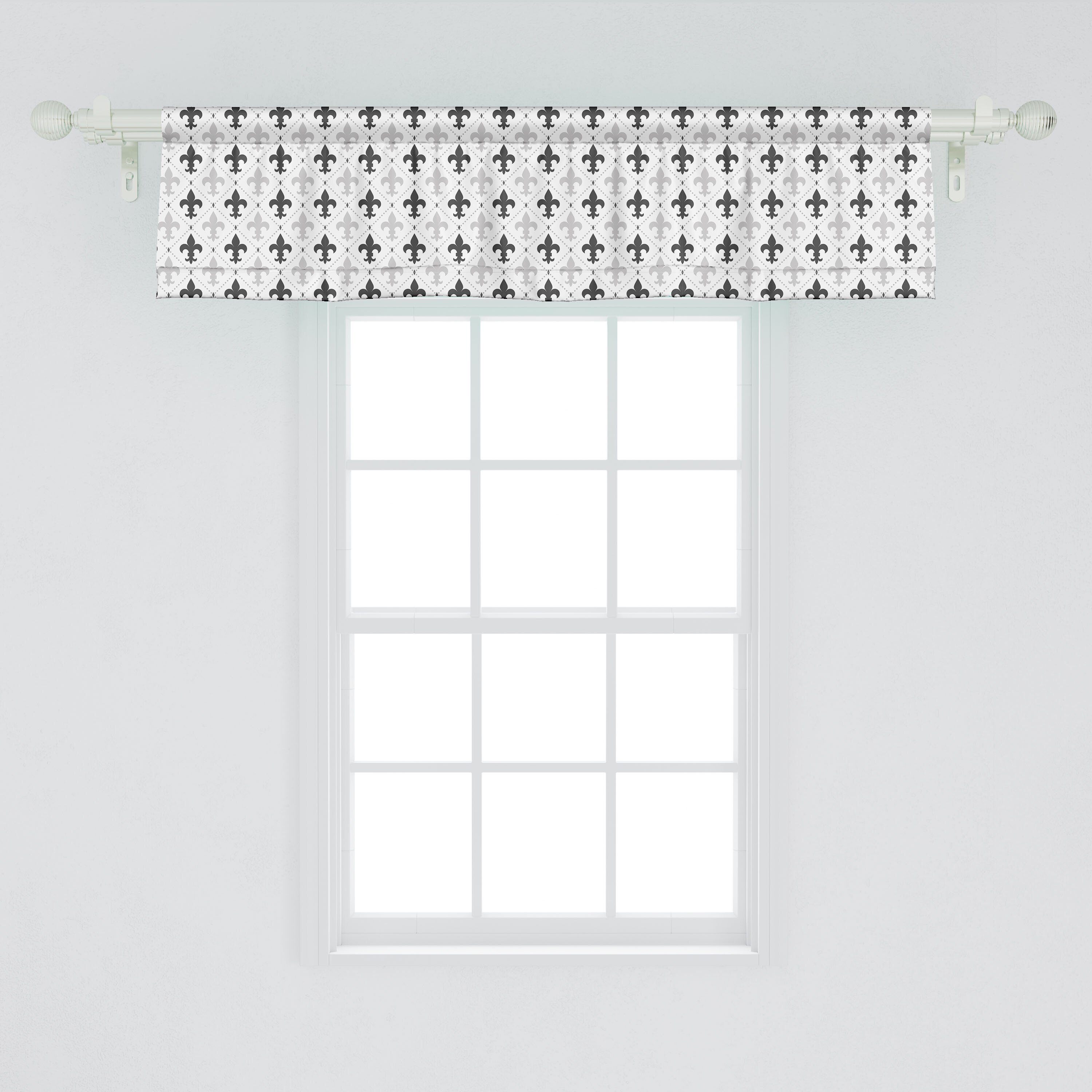 Scheibengardine Vorhang Schlafzimmer Lis mit Fleur de Dekor Abakuhaus, Stangentasche, Volant Küche in Graustufen Symbole für Microfaser