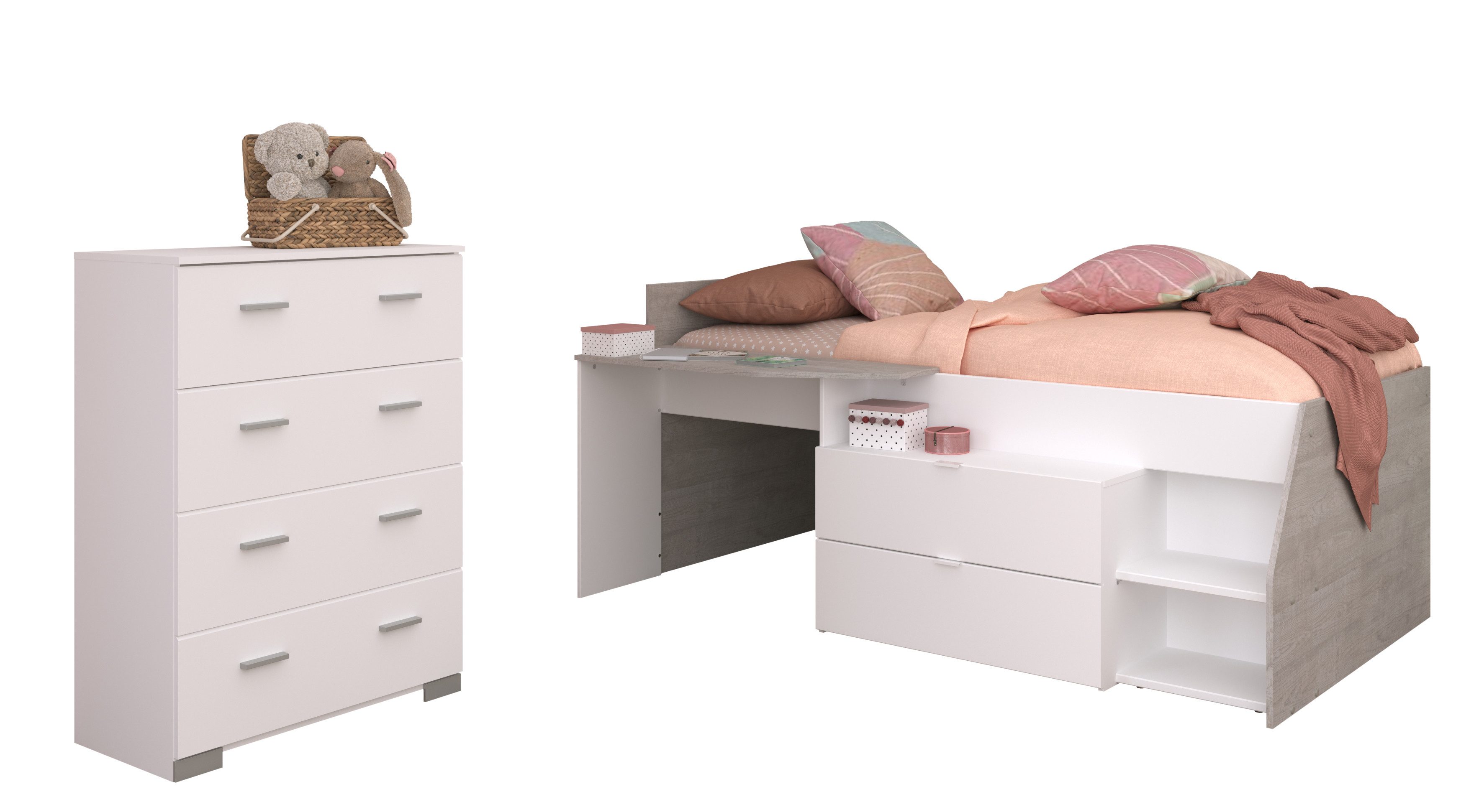 Parisot Jugendzimmer-Set Milky in Weiß und Grey Loft, (Komplett Set, 2-tlg., in verschiedenen Zusammenstellungen wählbar), halbhohes Hochbett