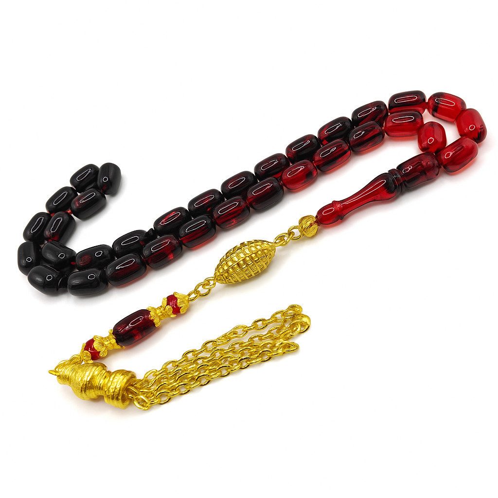 M-Punkt24 Kettenanhänger Tesbih Tespih (Rot - Schwarz, Kirmizi - Siyah, 7x11mm, Kapsül, Gebetskette, Subha, Misbah, inkl. Etui), Vizyon Püskül Gold-Farbig