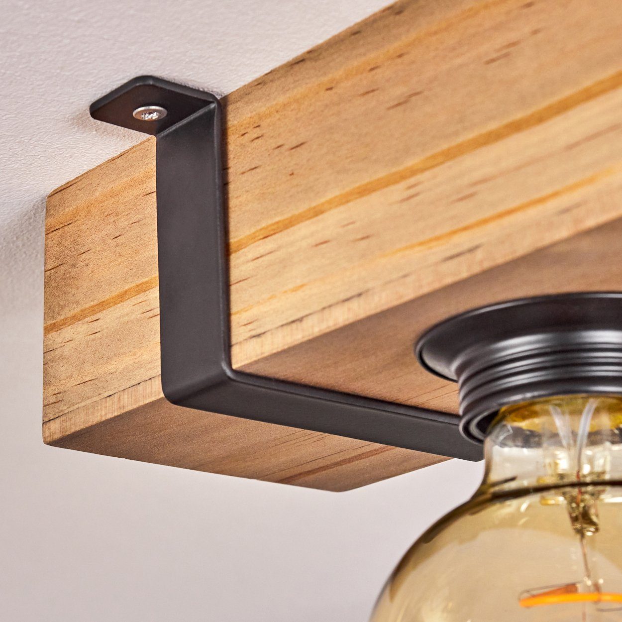 hofstein Deckenleuchte moderne Deckenlampe aus Metall/Holz in Schwarz/Natur, ohne Leuchtmittel, im skandinavischen Design, Holzbalken 60cm, 3x E27, ohne Leuchtm – Bild 3 von 5