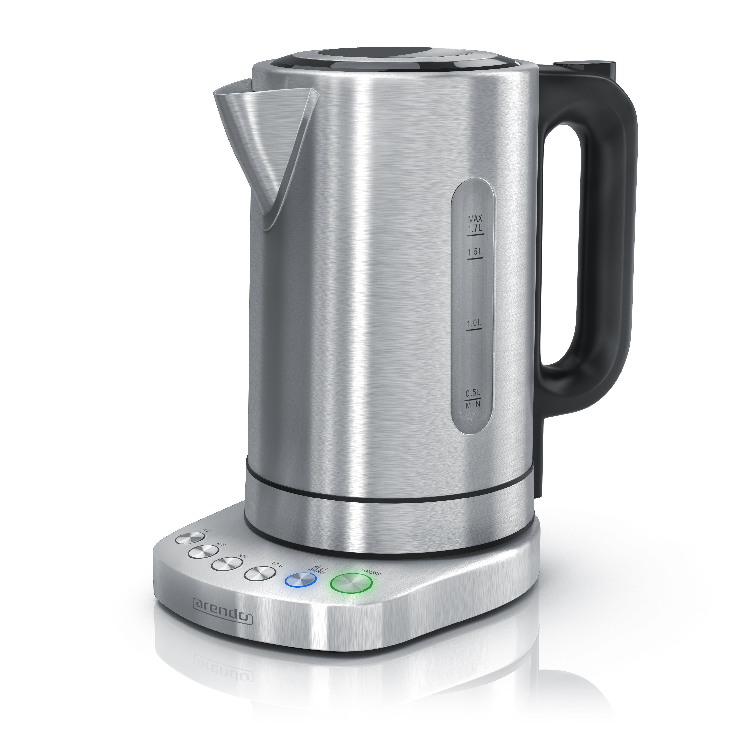 Arendo Wasserkocher aus Edelstahl, mit Temperatureinstellung, Warmhaltefunktion 30min, 1,7 l, 3000 W, einstellbare Temperatur 70° C - 100° C, Schnellkoch, Kalkfilter