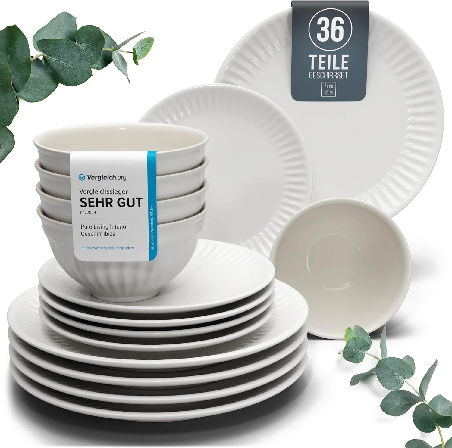 PURE LIVING INTERIOR DESIGN Geschirr-Set Hygge aus Steingut, 36-tlg., für 12 Personen, Hellgrau (36-tlg), 12 Personen, Steingut