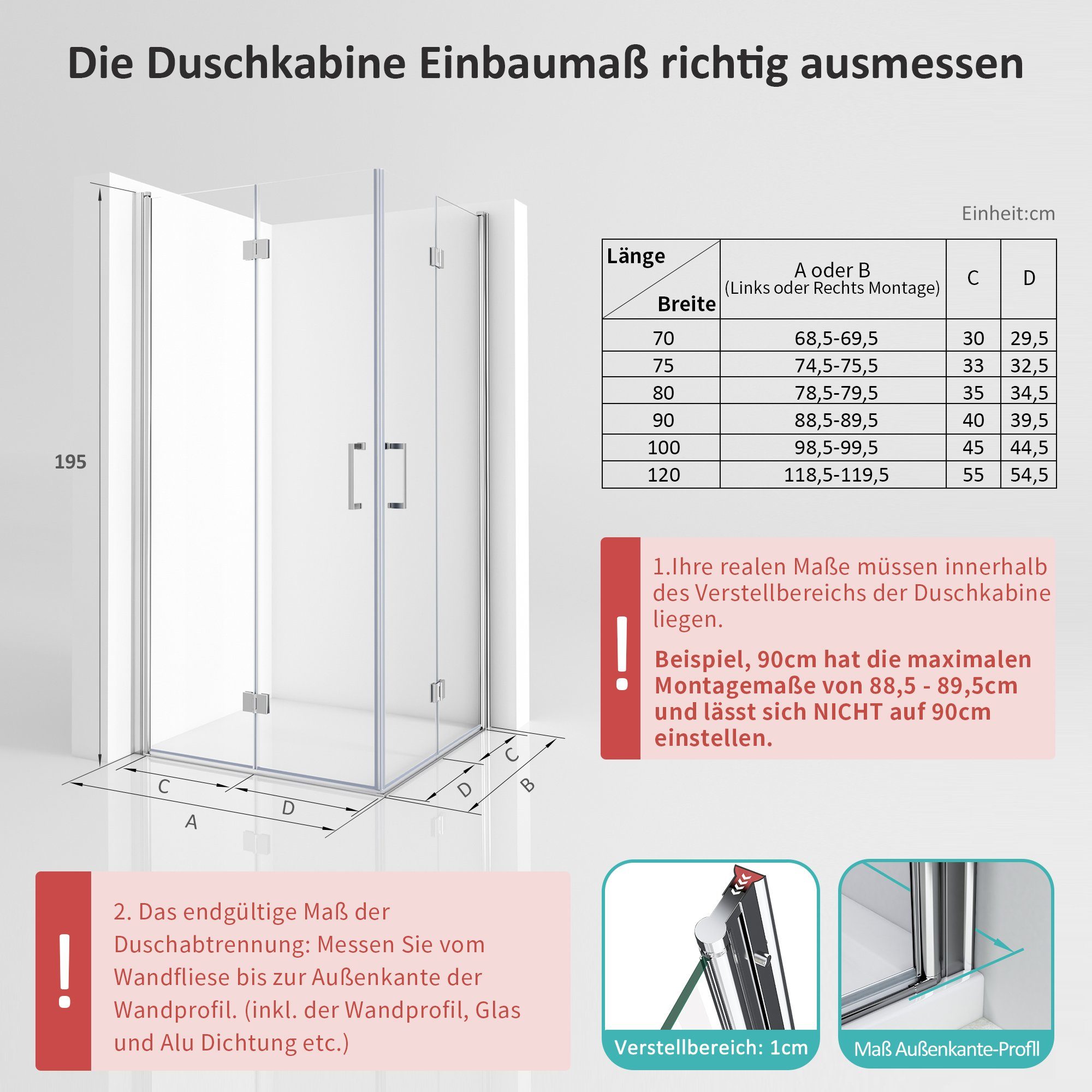 GOEZES Eckdusche Falttür 90x75 100x80 100x100 H:195cm Duschkabine Eckeinstieg Faltbar, BxT: 80x80 cm, NANO Sicherheitsglas, Duschtür aus glas, 180º Falt Drehtür – Bild 4 von 5