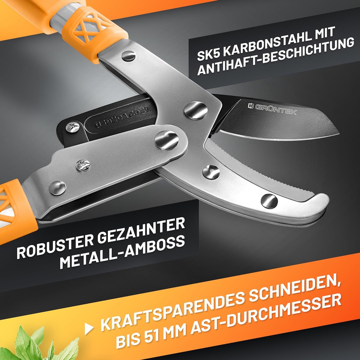 GRÜNTEK Astschere Teleskop-Astschere XT 685 -1015 mm, Amboss Smart-Cut Baumschere, gehärtete Klinge 78 mm, 7-fach verstellbare Griffe.