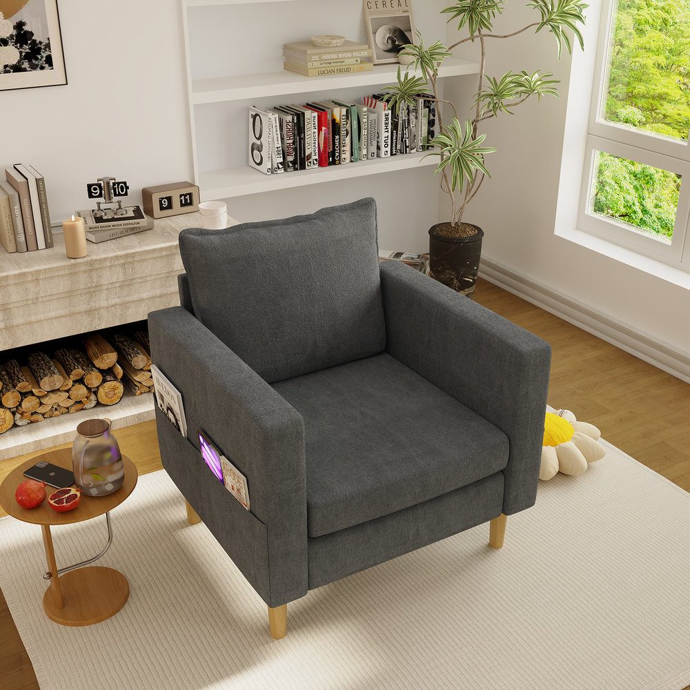 Odikalo XXL-Sessel Loungesessel Chenille Relaxsessel Einzelsessel mit Aufbewahrungstasche (Freizeitstuhl mit bequemem Kissen, ideal für Innenräume im nordischen Stil und Leseecken)