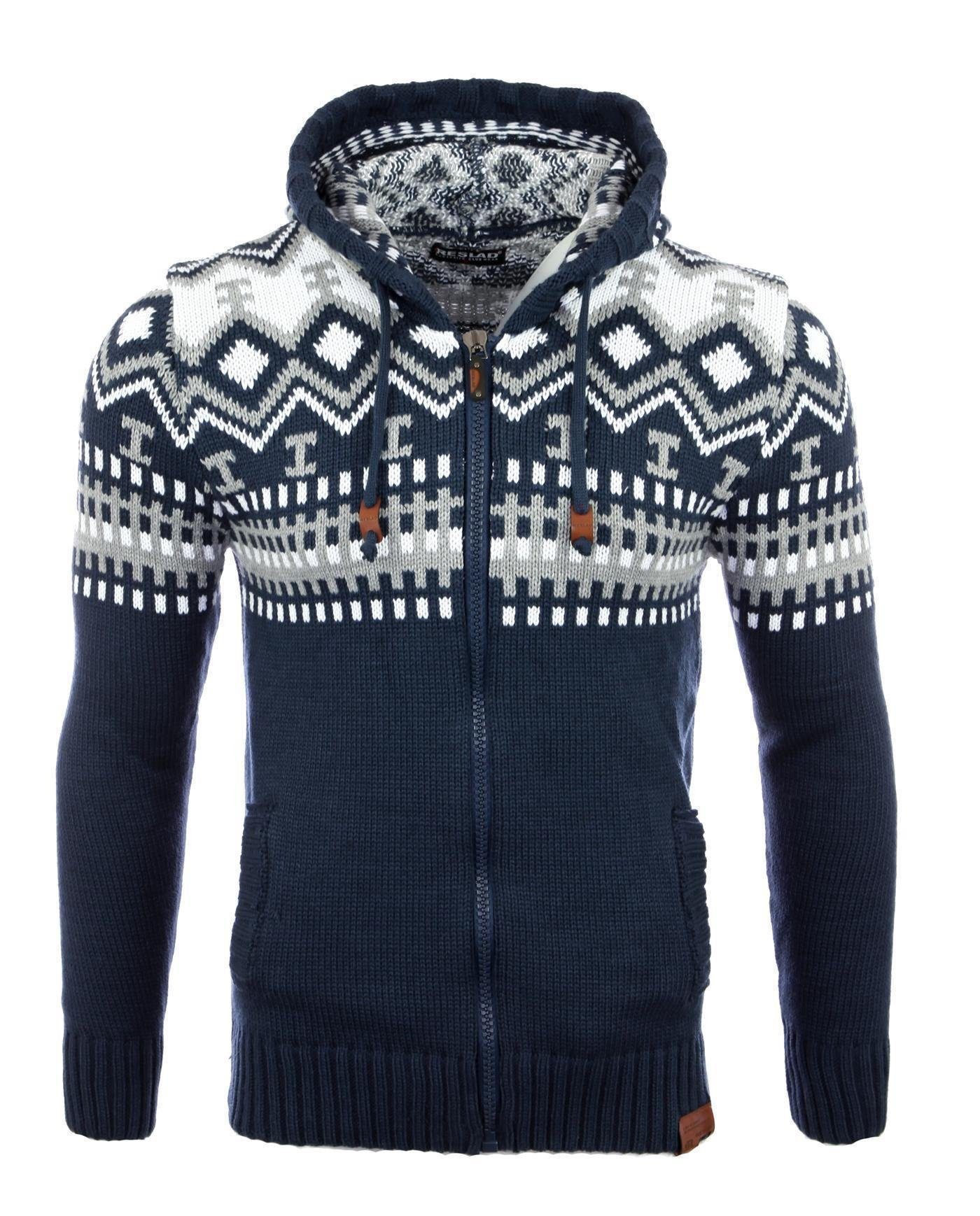 Reslad Strickpullover Reslad Herren Grobstrick Norweger Winter Strickjacke mit Kapuze RS-310 (1-tlg) Strickjacke Zipper Hoodie