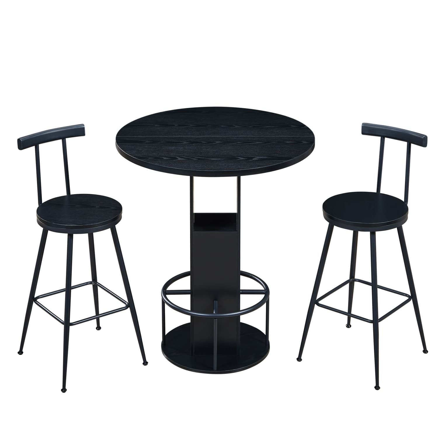 autolock Bartisch 3-teiliges Bar-Tisch-und Hocker-Set 31,5-Zoll-Rundtisch mit 2 Hockern, Holz-Esstisch mit ringförmiger Fußstütze aus Metall Geeignet für Bars