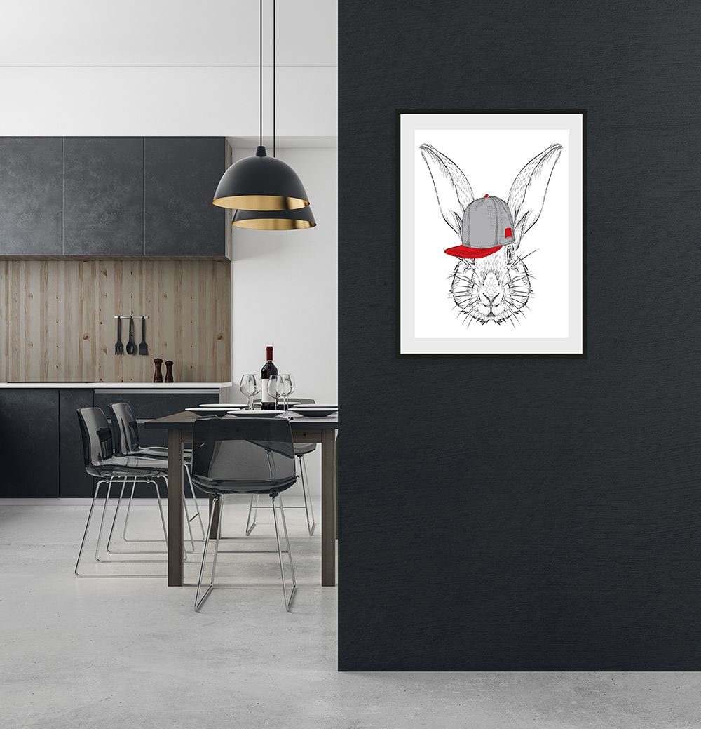queence Bild Sigrid, Hase, Hasen, Haustiere, Kunst, Schwarz-Weiß (1 St), HD Premium Poster-Druck inkl. Holzrahmen
