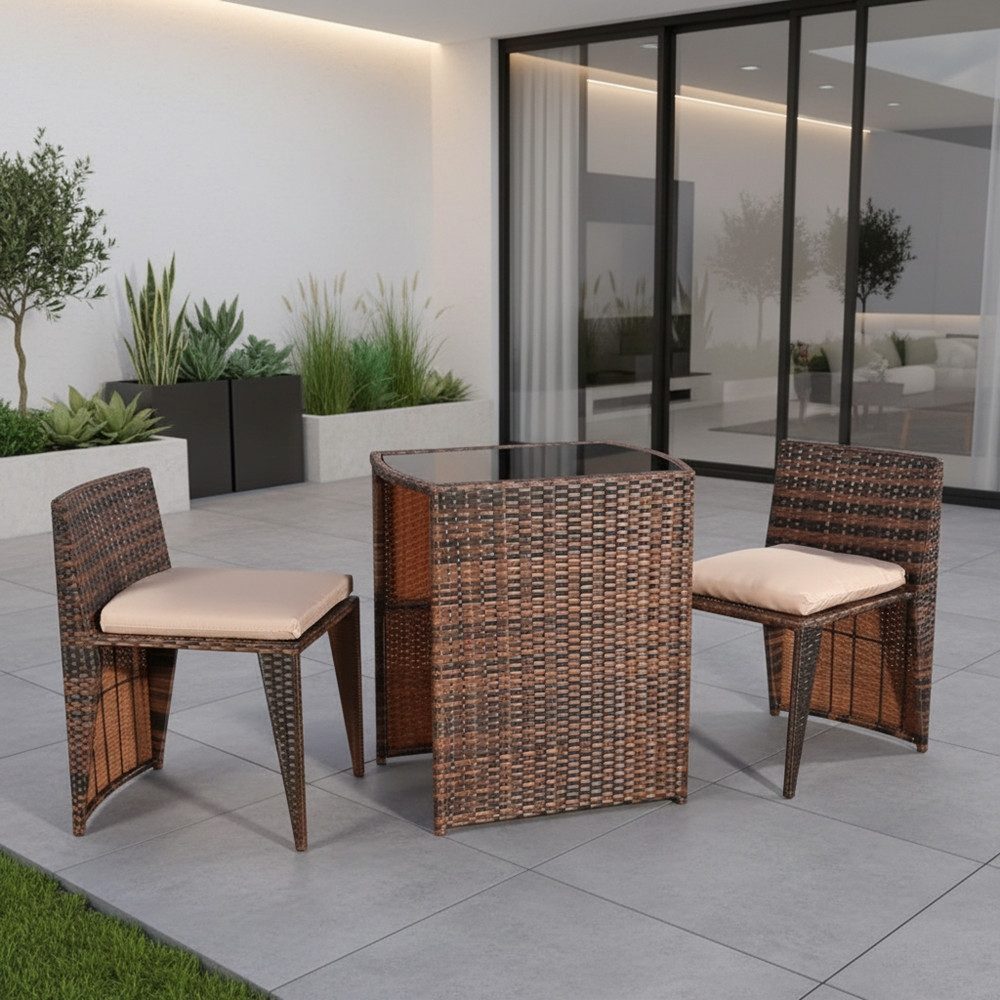 Melko Gartenlounge-Set Gartenmöbel Sitzgarnitur Essgruppe 3er Set Tisch&2 Stühle Polyrattan, (Set, 3er Set Tisch&2 Stühle), Beansprucht wenig Platz