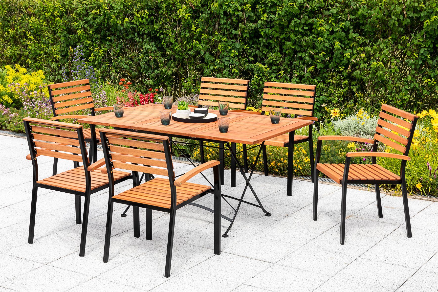 MERXX Garten-Essgruppe Schloßgarten, (7-tlg), 6 Stapelsessel, Klappausziehtisch