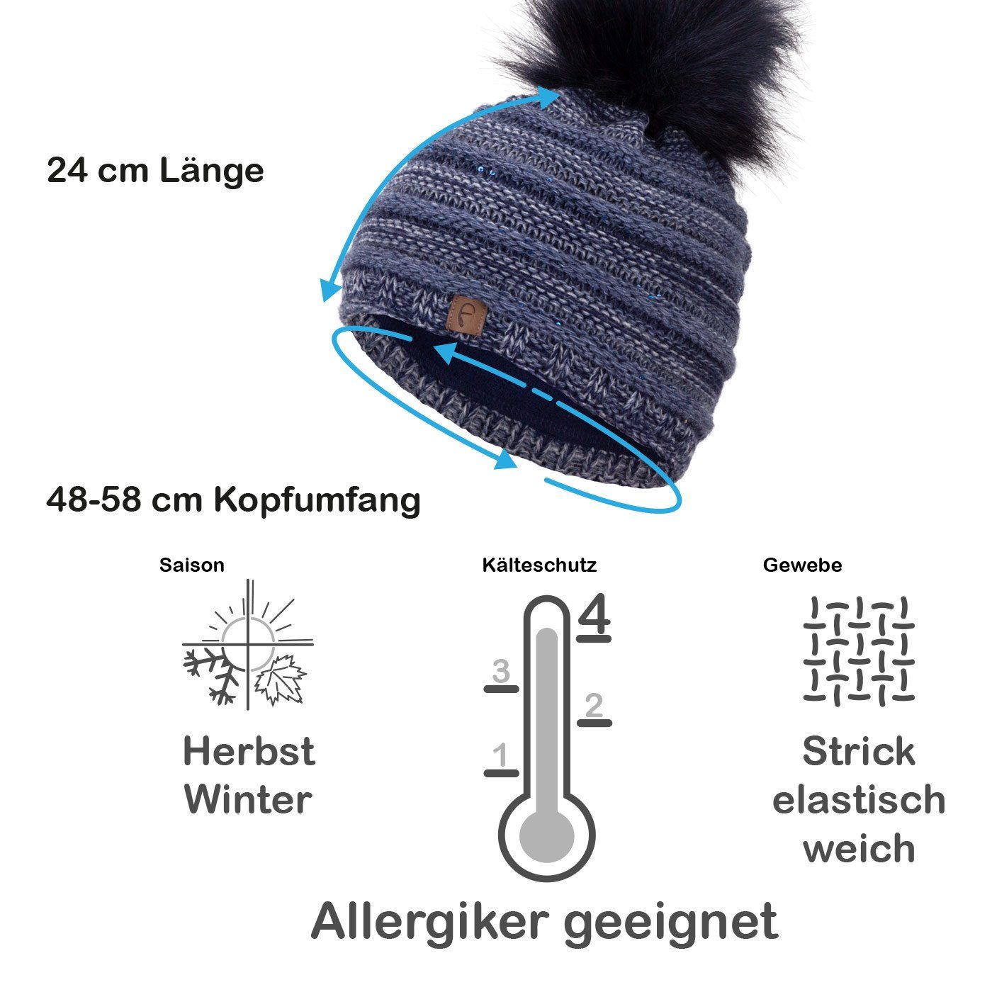 Bommelmütze Faera Haube Strickmütze Wintermütze jeansblau Mütze gefüttert Bommelmütze Beanie Damen