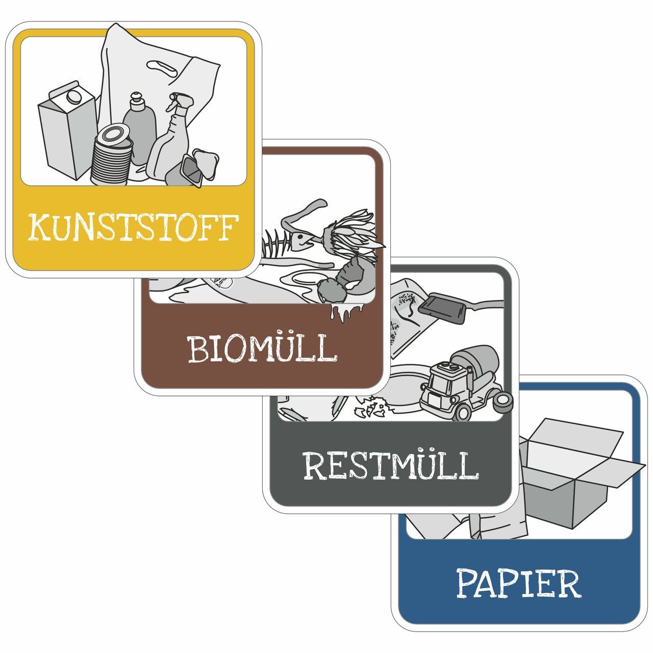 SafetyMarking Hinweisschild für Mülltrennung, (Aufkleber Set Mülltrennung (4 Aufkleber) - PVC Folie, selbstklebend - 10,0 x 10,0 cm, eckig, Symbole: Kunststoff, Papier, Bio- und Restmüll), Qualität made in Germany