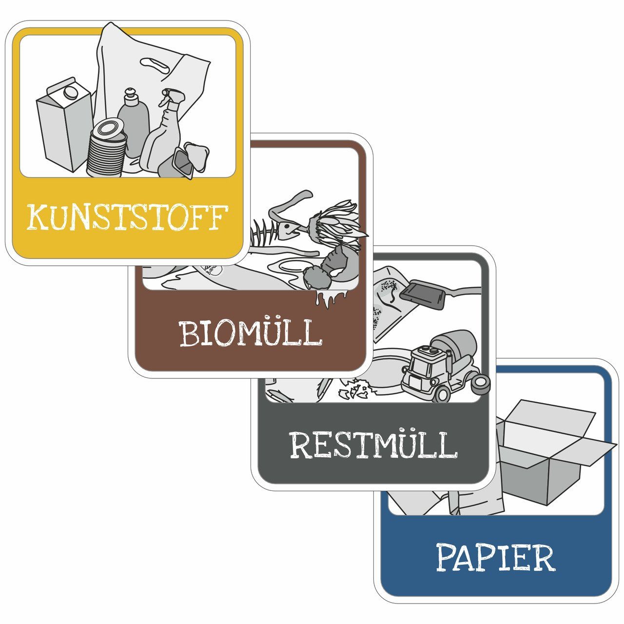SafetyMarking Hinweisschild für Mülltrennung, (Aufkleber Set Mülltrennung  (4 Aufkleber) - PVC Folie, selbstklebend - 10,0 x 10,0 cm, eckig, Symbole:  Kunststoff, Papier, Bio- und Restmüll), Qualität made in Germany