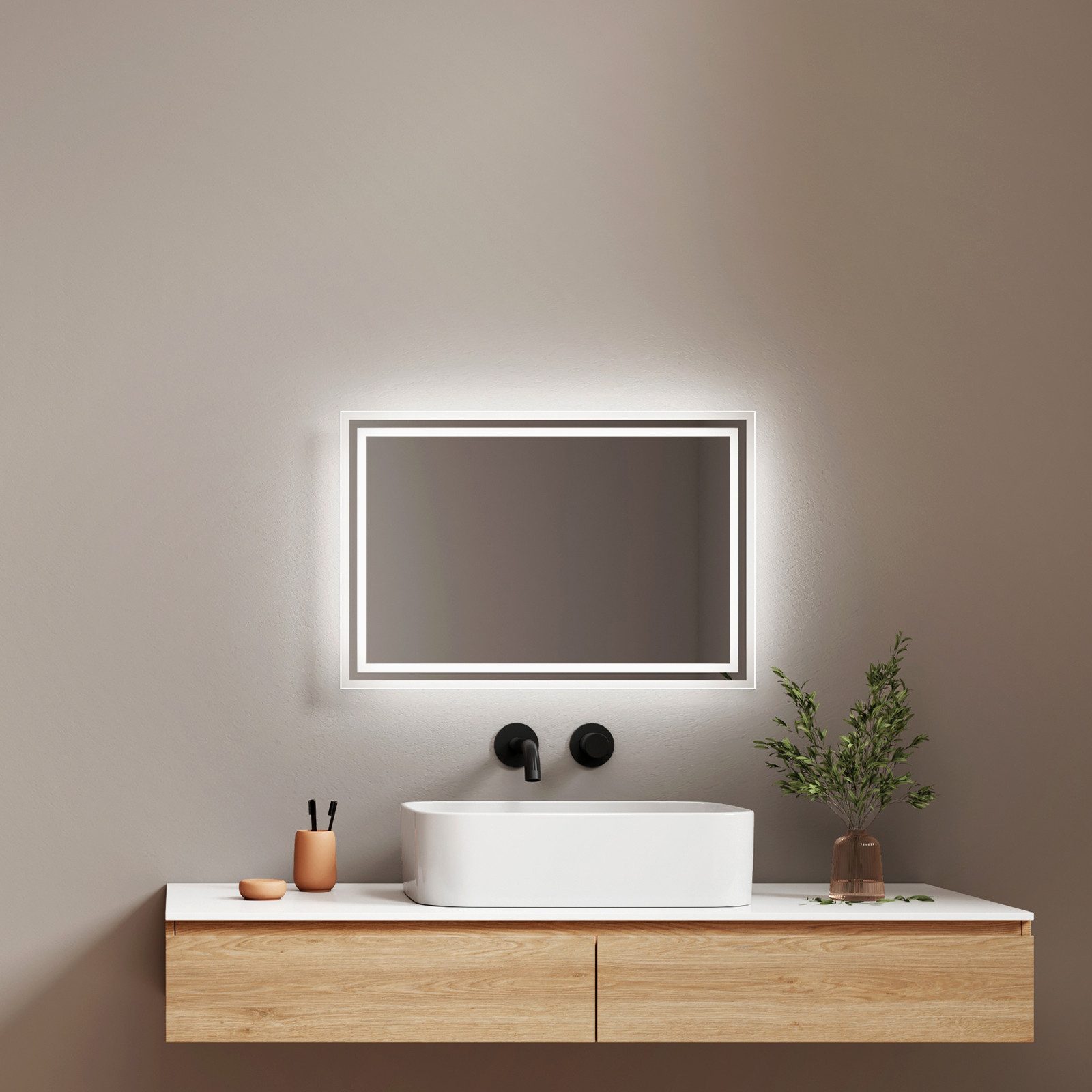 EMKE Badspiegel mit Beleuchtung und Beleuchtung,LED Spiegel mit 2 Lichtfarben dimmbar (Vertikal Horizontal möglich, Beschlagfrei, 2 Lichtfarben), Wandspiegel IP44