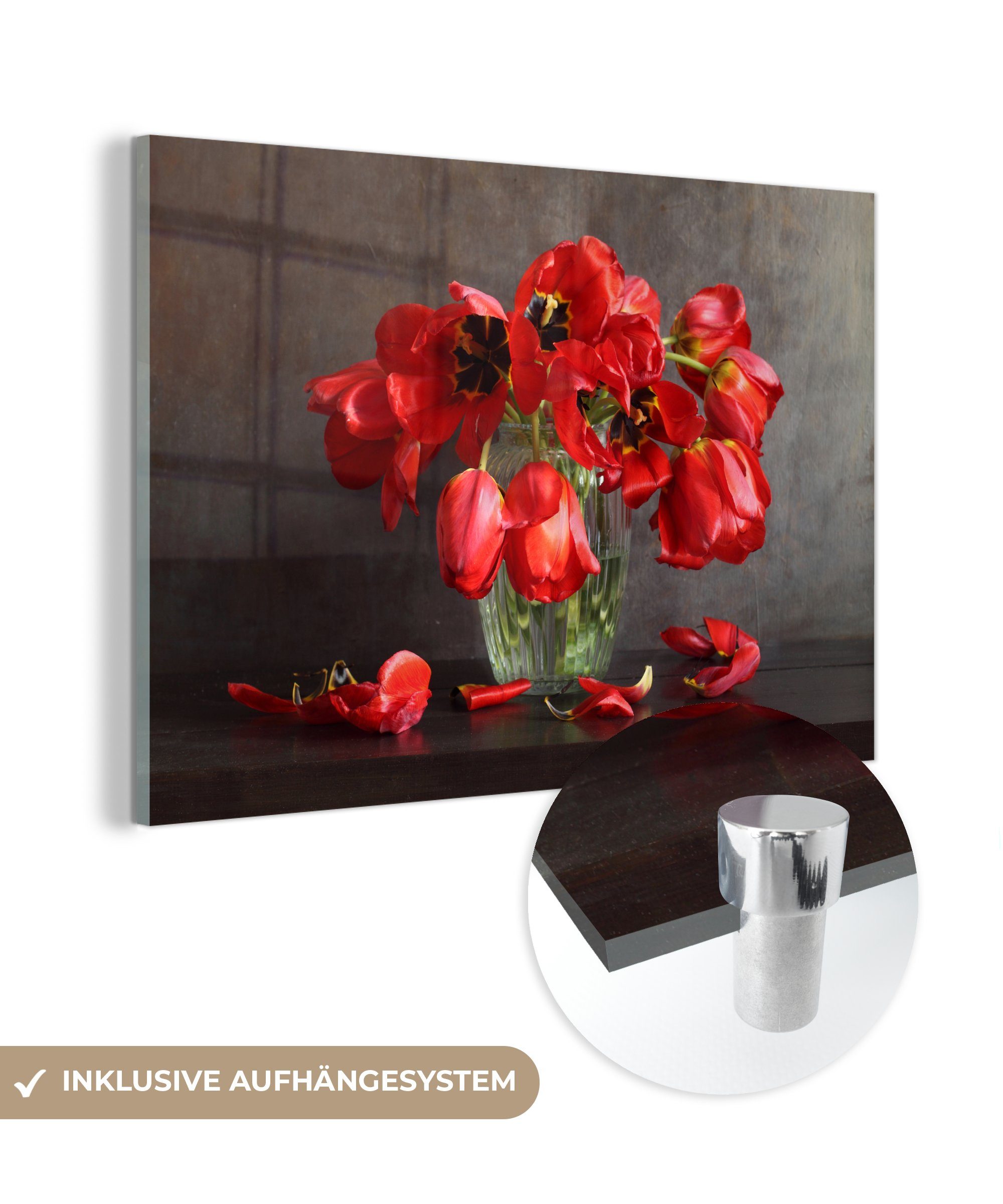 MuchoWow Acrylglasbild Verwelkte und verblasste rote Tulpen, (1 St), Acrylglasbilder Wohnzimmer & Schlafzimmer