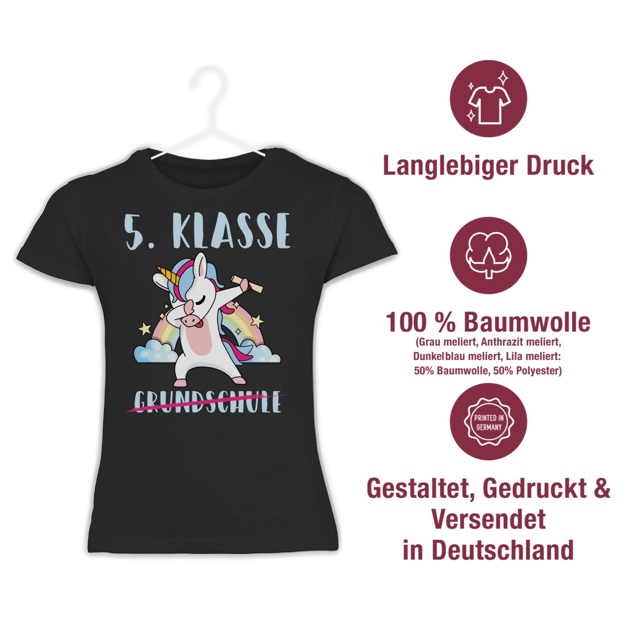 1 Schwarz T-Shirt Klasse Shirtracer Mädchen Einhorn Grundschule Einschulung 5.