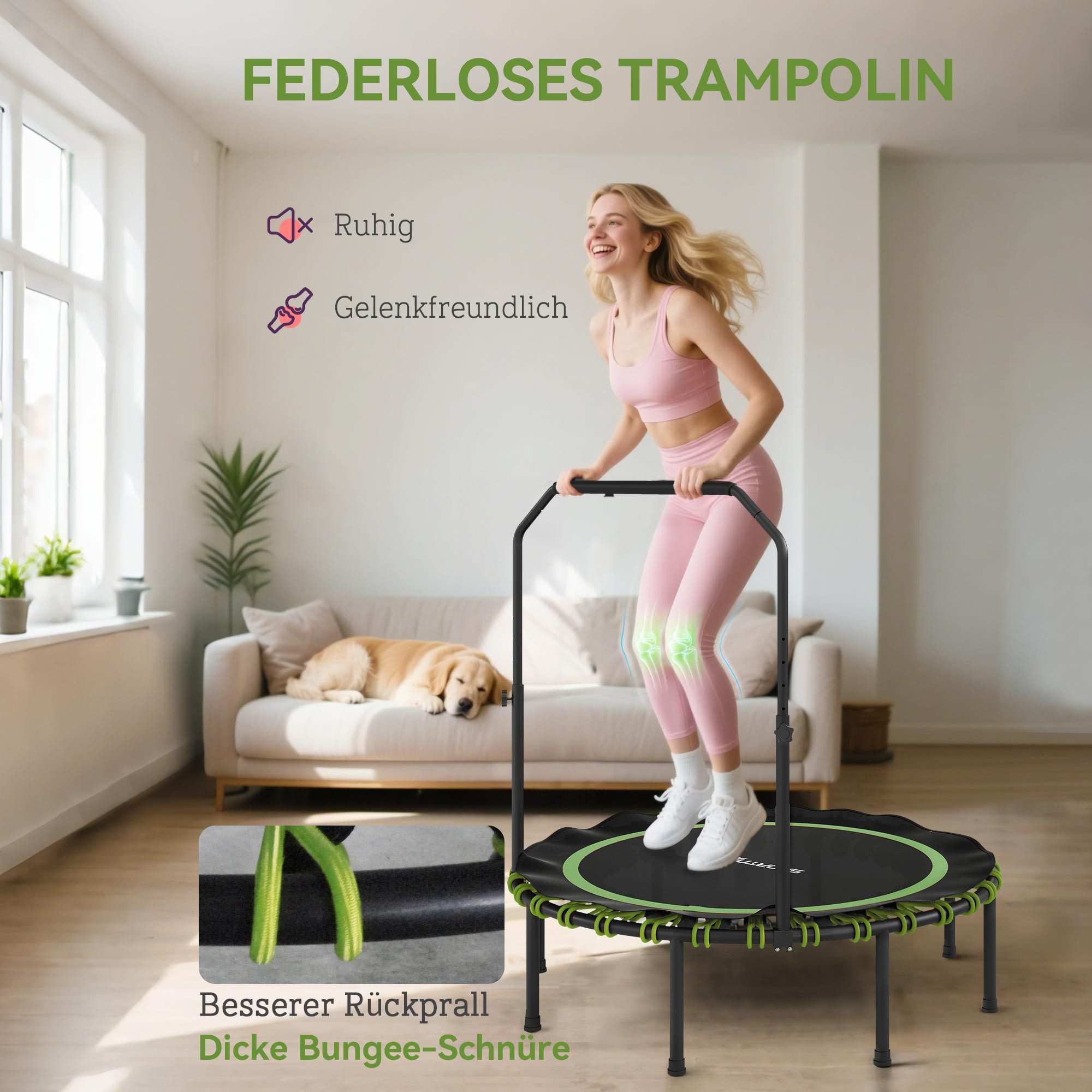 SPORTNOW Fitnesstrampolin Mini Trampoline mit 5 verstellbare Handgriffstufen, leise Gummiseil, Ø 122 cm, (Sport-Trampolin, 1 tlg., Fitness-Trampolin), Stahl, Ku – Bild 5 von 5