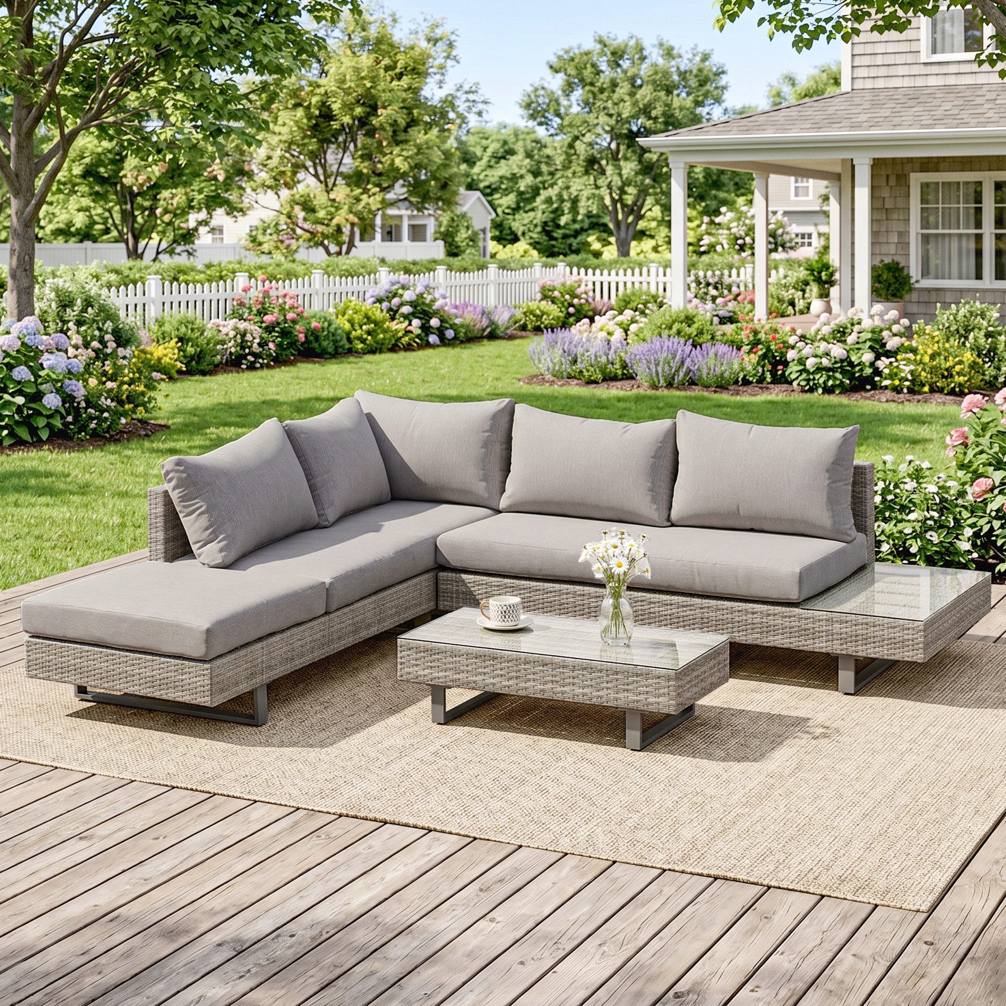 Outsunny Sitzgruppe Polyrattan-Lounge-Set Couchtisch Wetterbeständig Grau + Braun, (Gartensofa, 3-tlg., Gartengruppe), Wetterbeständig Grau + Braun 196 x 69 x 59 cm