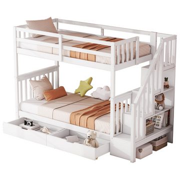 liebtech Bett 90*200cm Etagenbett, Treppenregal, ausgestattet, mit zwei Schubladen, hohe Geländer, EN747-1 zertifiziert, Weiß