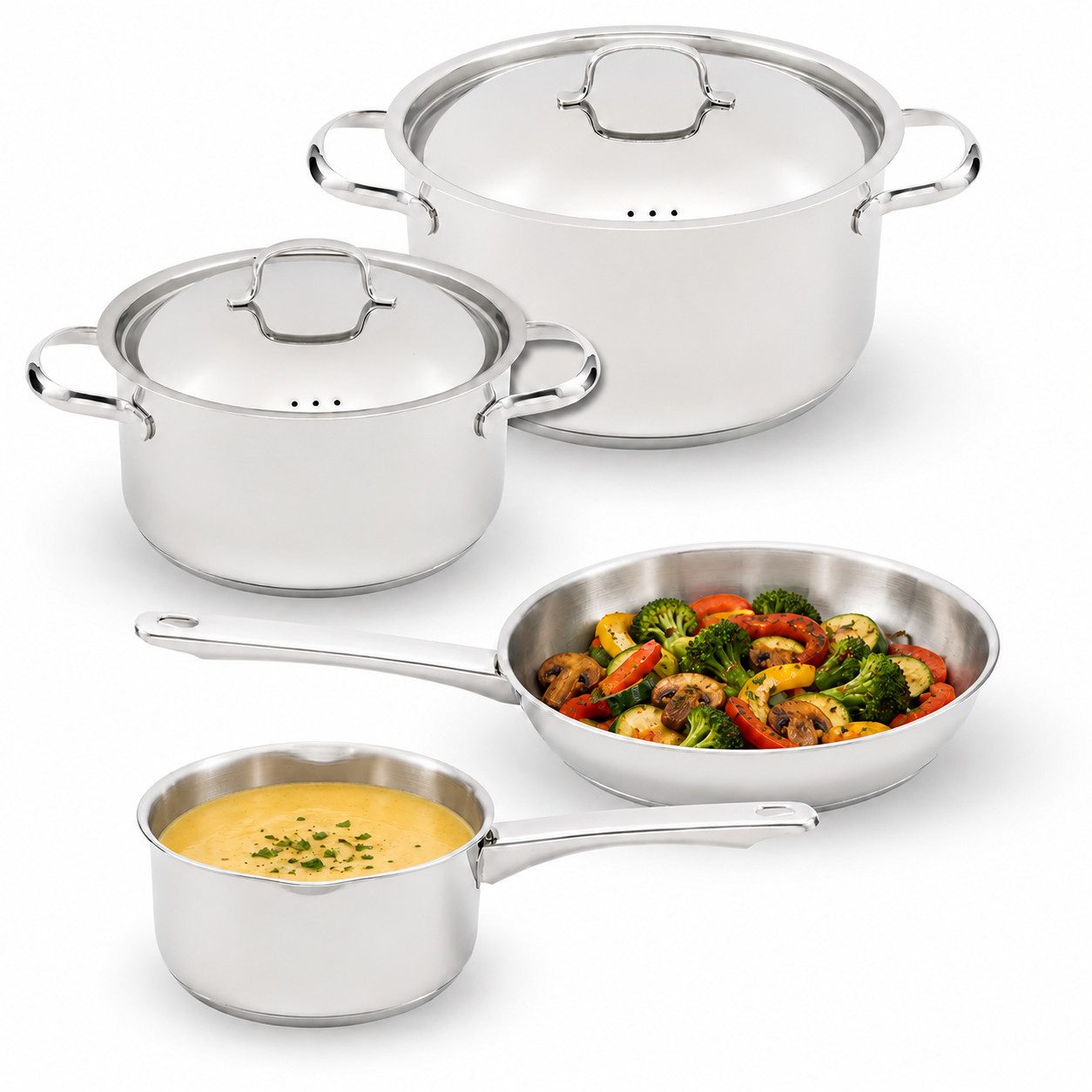 Cosy & Trendy Topf-Set Cosy & Trendy Start2Cook Daily Kochgeschirr-Set, Edelstahl (Set, 4-tlg., 4-teilig: 2 Kochtöpfe, Stielkasserolle und Bratpfanne), Starter-Topfset mit Edelstahl, Bratpfanne und Messskala