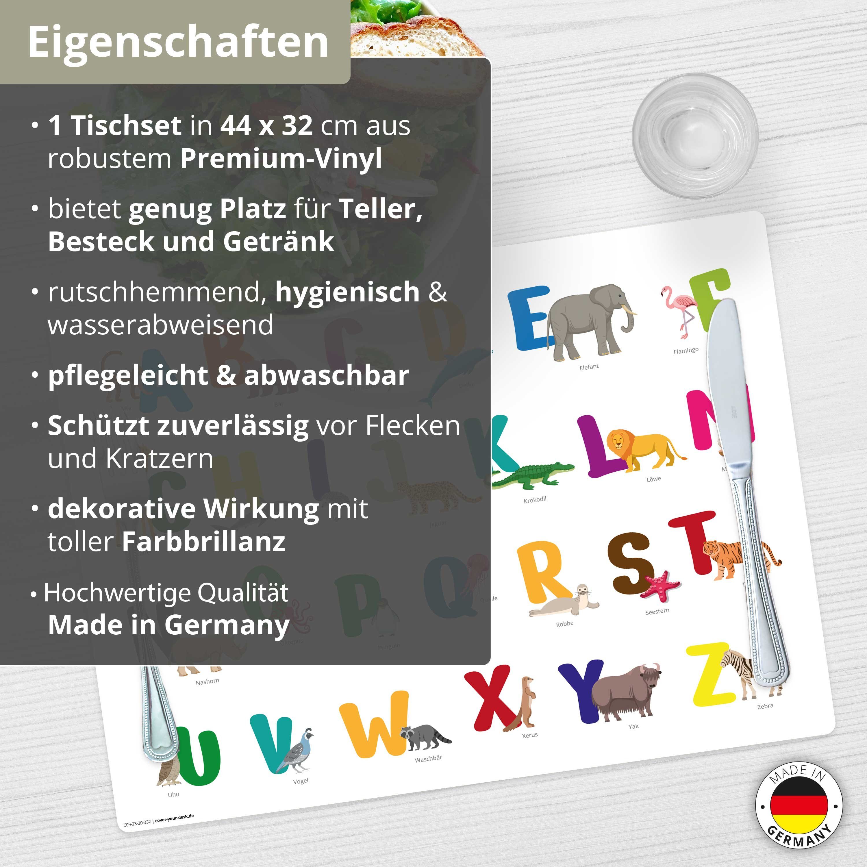 Tischsetmacher Platzset Tischset,  Platzset abwaschbar - für Kinder - Buntes ABC mit Tieren, (aus erstklassigem Vinyl (Kunststoff - BPA-frei), 1-St., 44 x 32 cm - rutschfeste Tischdekoration), Made in Germany