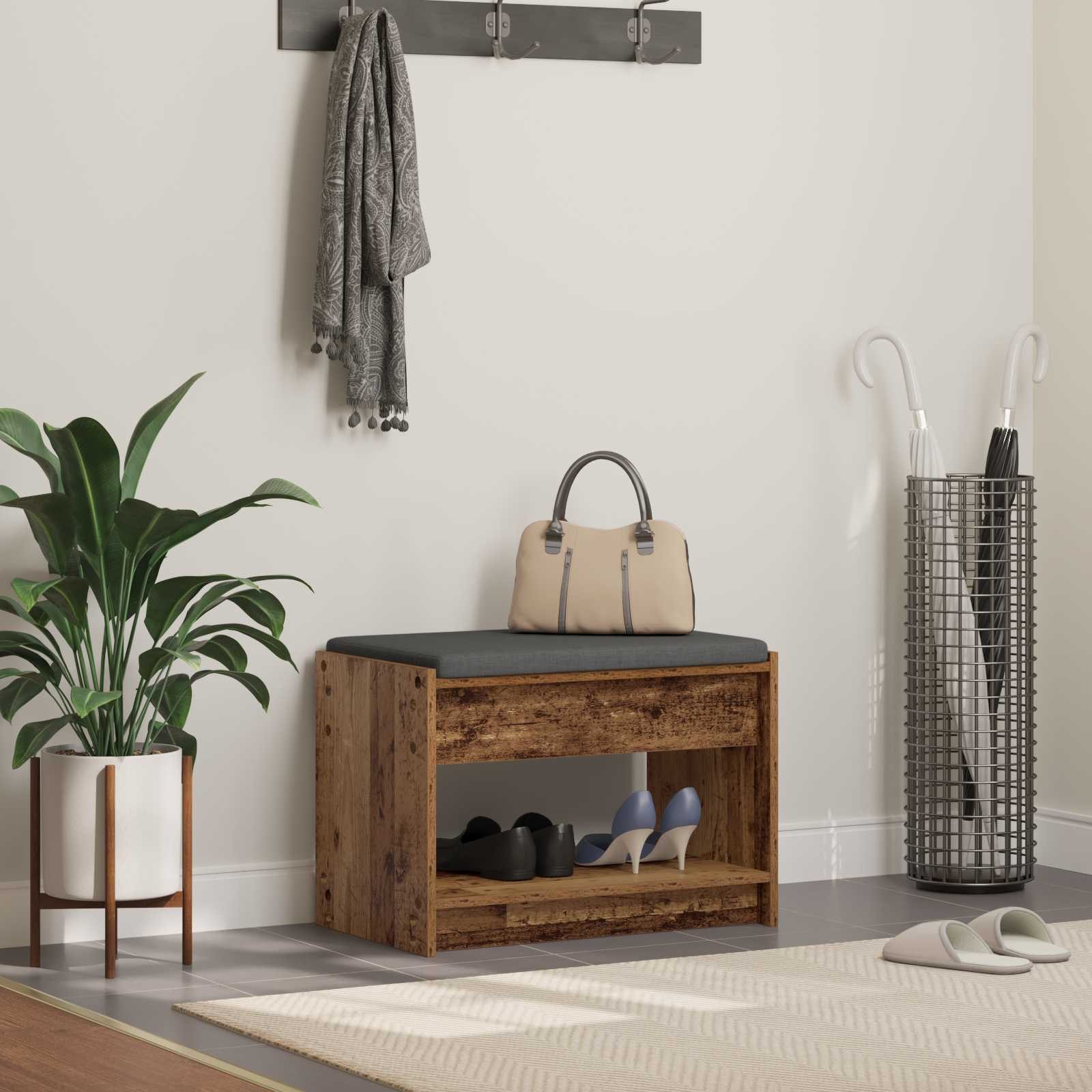 vidaXL Sitzbank Flurbank mit Kissen mit Regal Altholz 63 x 38 x 45 cm (1-St)