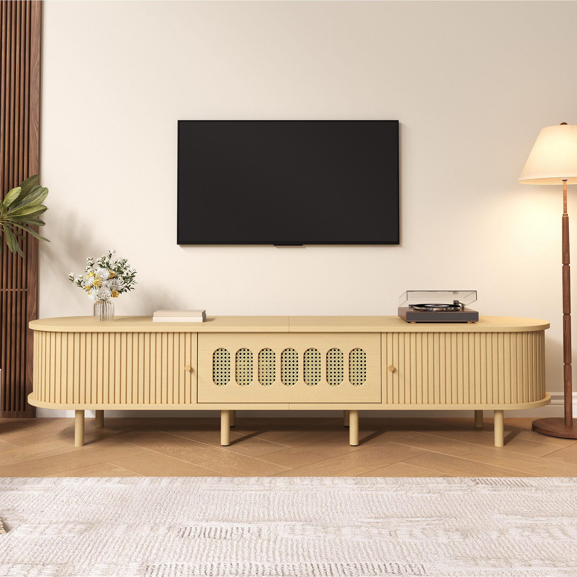 Merax Lowboard TV-Ständer mit Rattan-Design, (180×40×40cm, 1 St., Perfekt für Fernseher bis 80 Zoll)