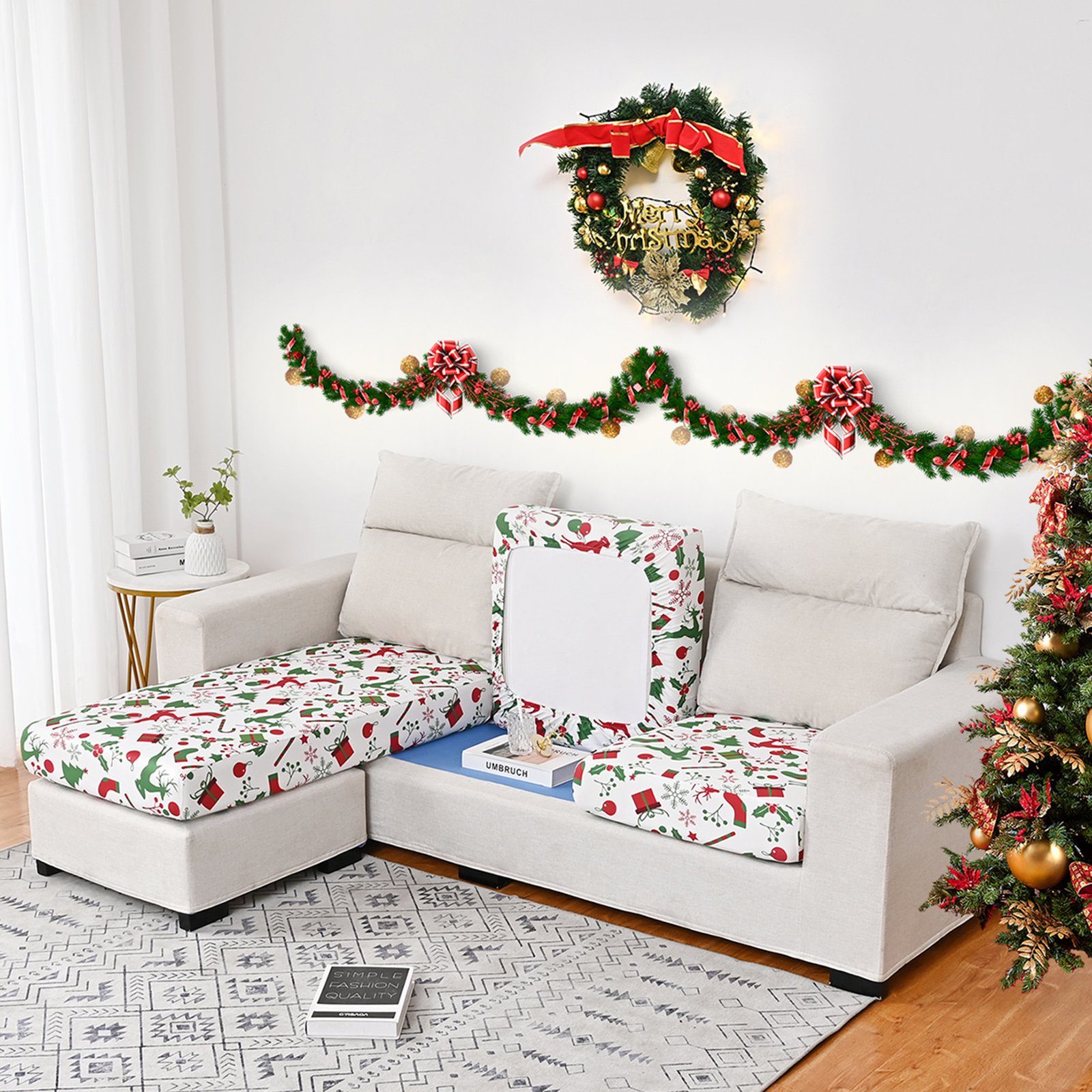 Weiß 2 Sofa, Boden, L-Form elastischem mit Rosnek Sofahusse für Weihnachtsmotiv,