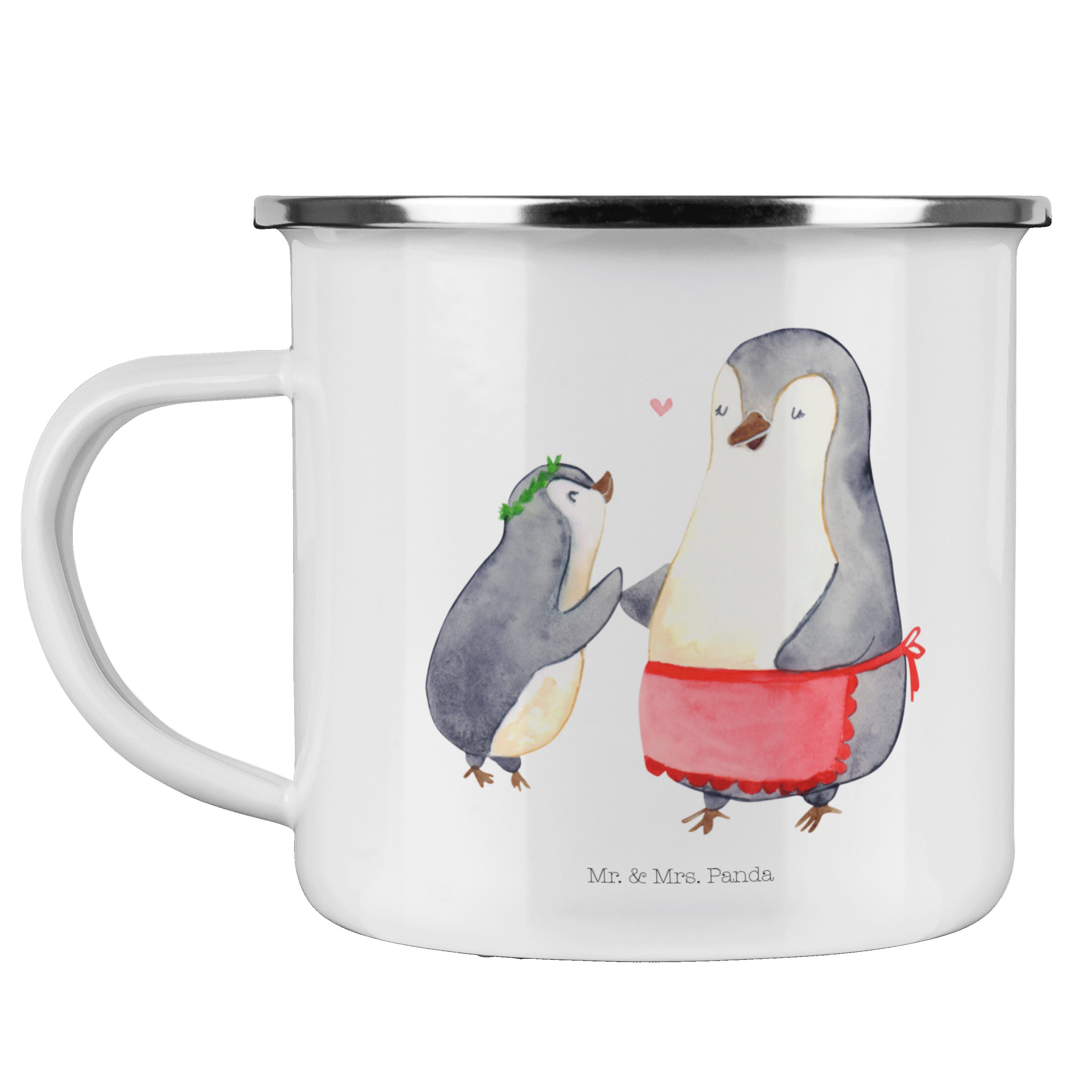 Mr. & Mrs. Panda Becher Pinguin mit Kind - Weiß - Geschenk, Mutti, Geschenk Mama, Emaille Cam, Emaille