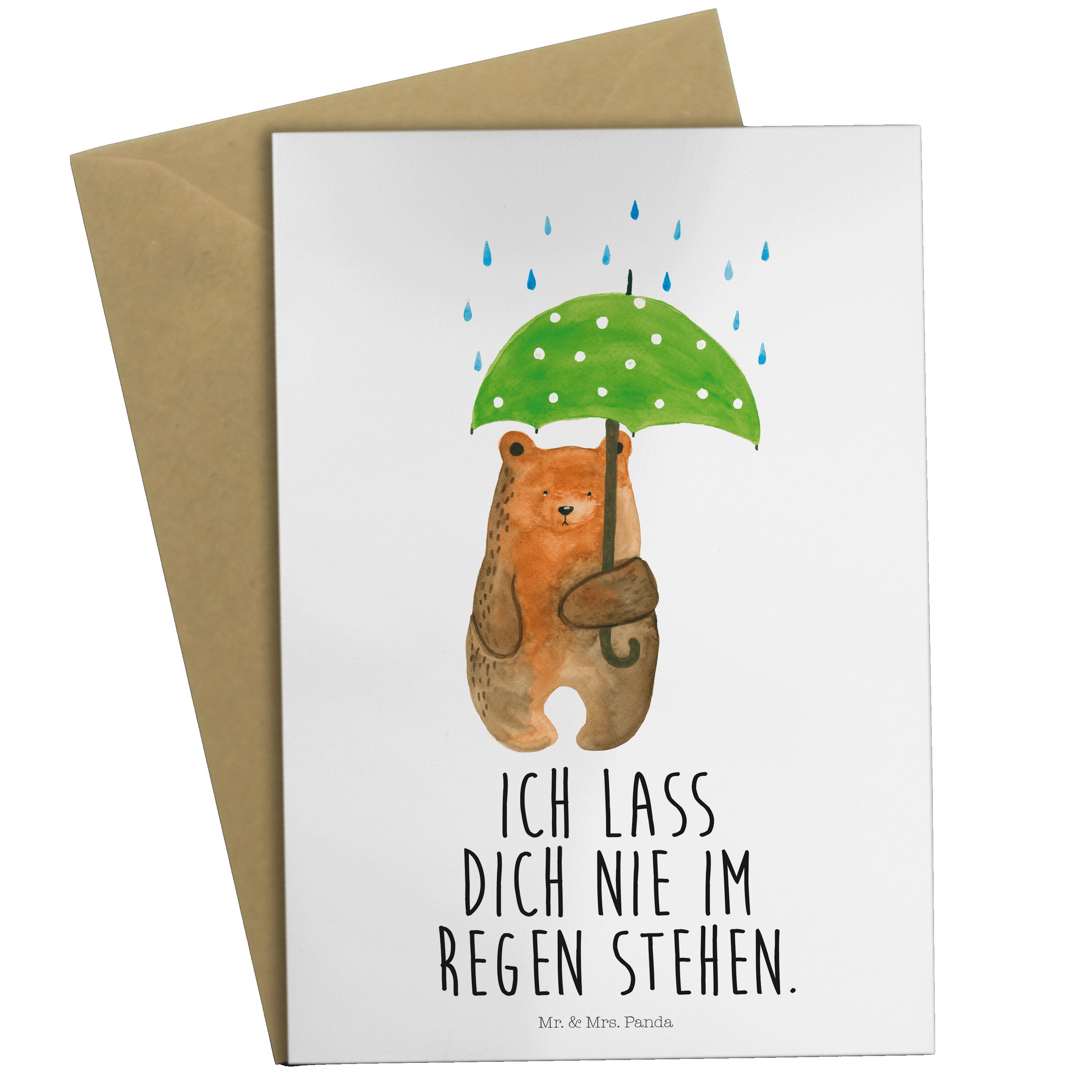 Mr. & Mrs. Panda Grußkarte »Bär mit Regenschirm Grau Pastell