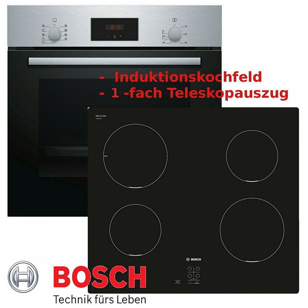 Induktions Herd-Set Bosch Autark Einbau Backofen Silber und Kochfeld, Teleskopauszug NEU