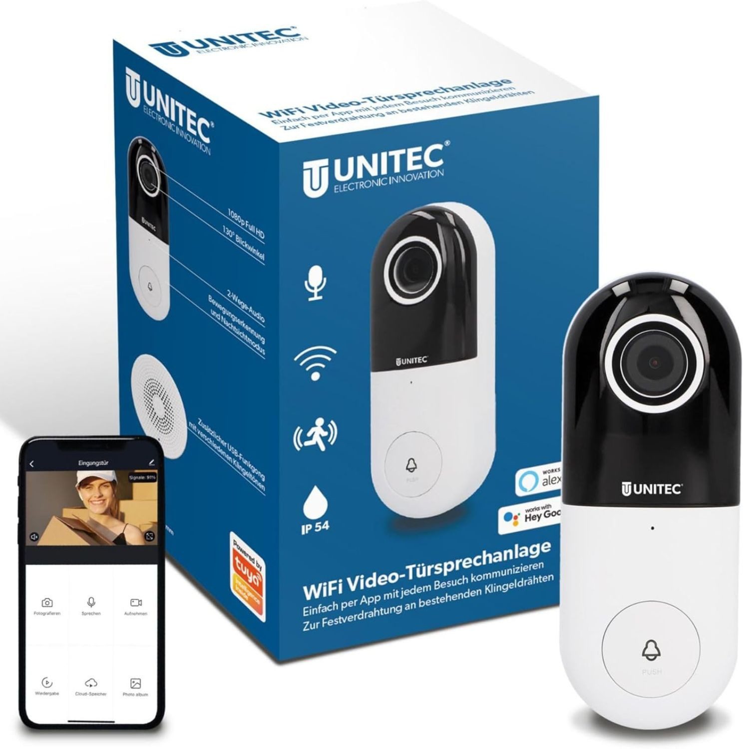 UNITEC Smart Home Türklingel WLAN Video Türsprechanlage mit HD Kamera (Außenbereich, Set, Komplett-Set Sprechanlage mit Kamera und Gong, Set Smart Türklingel WiFi Aufputz Klingel mit App 1080p Full HD)