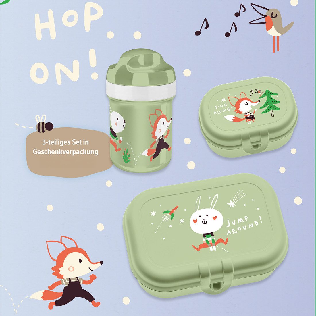 KOZIOL Lunchbox HOP ON TO GO, Kunststoff, (3-tlg), 3-teiliges Set, mit handlicher Trinkflasche, mit Clipverschluss