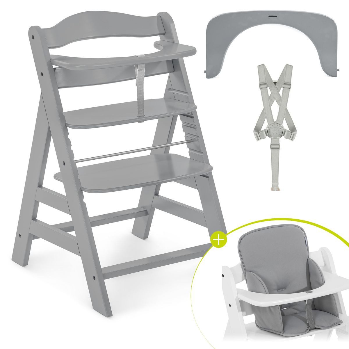 Hauck Hochstuhl Alpha Plus Grey, Mitwachsender Holz Kinderhochstuhl verstellbar mit Sitzverkleinerer