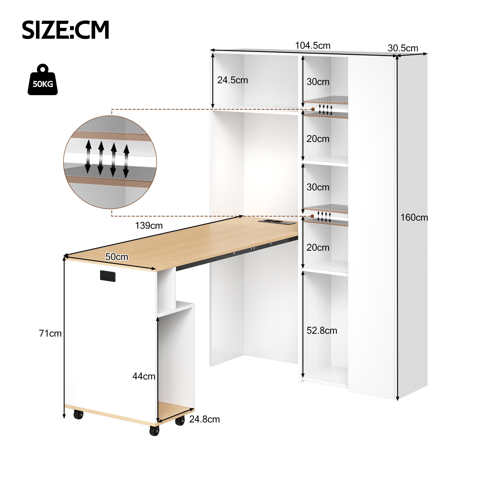Merax Schreibtisch Klappbarer Schreibtisch mit Regal, 2-in-1 Bücherregal & Computertisch (Set, 1-St., mit Steckdose, USB, Höhenverstellbare Ablagen), 104,5×30,5 – Bild 5 von 5