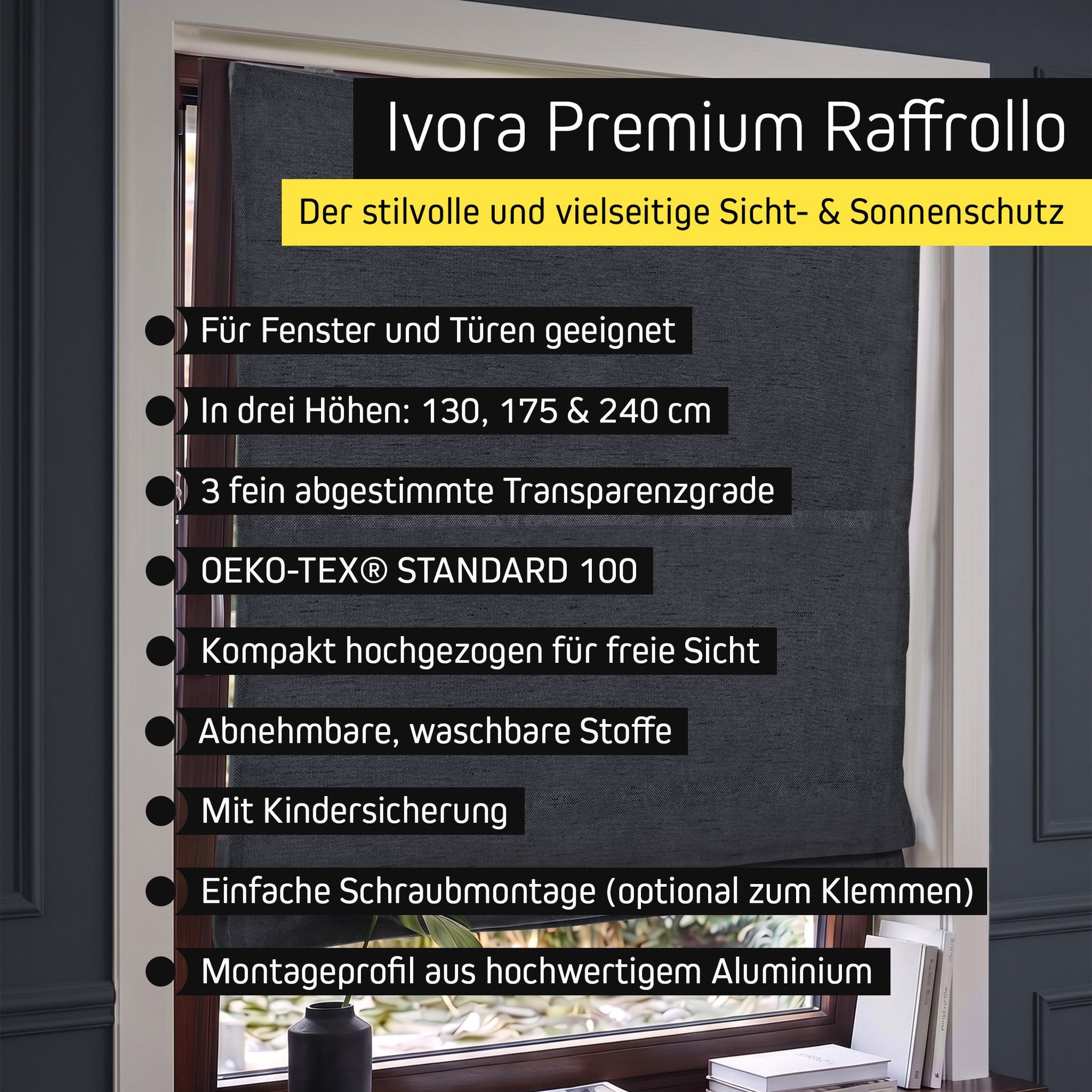 Victoria M. Raffrollo Klemmfix Ivora Premium Raffrollo 40x130cm Anthrazit Vollverdunkelnd, mit Klemmträger, ohne Bohren, freihängend, Ohne Bohren