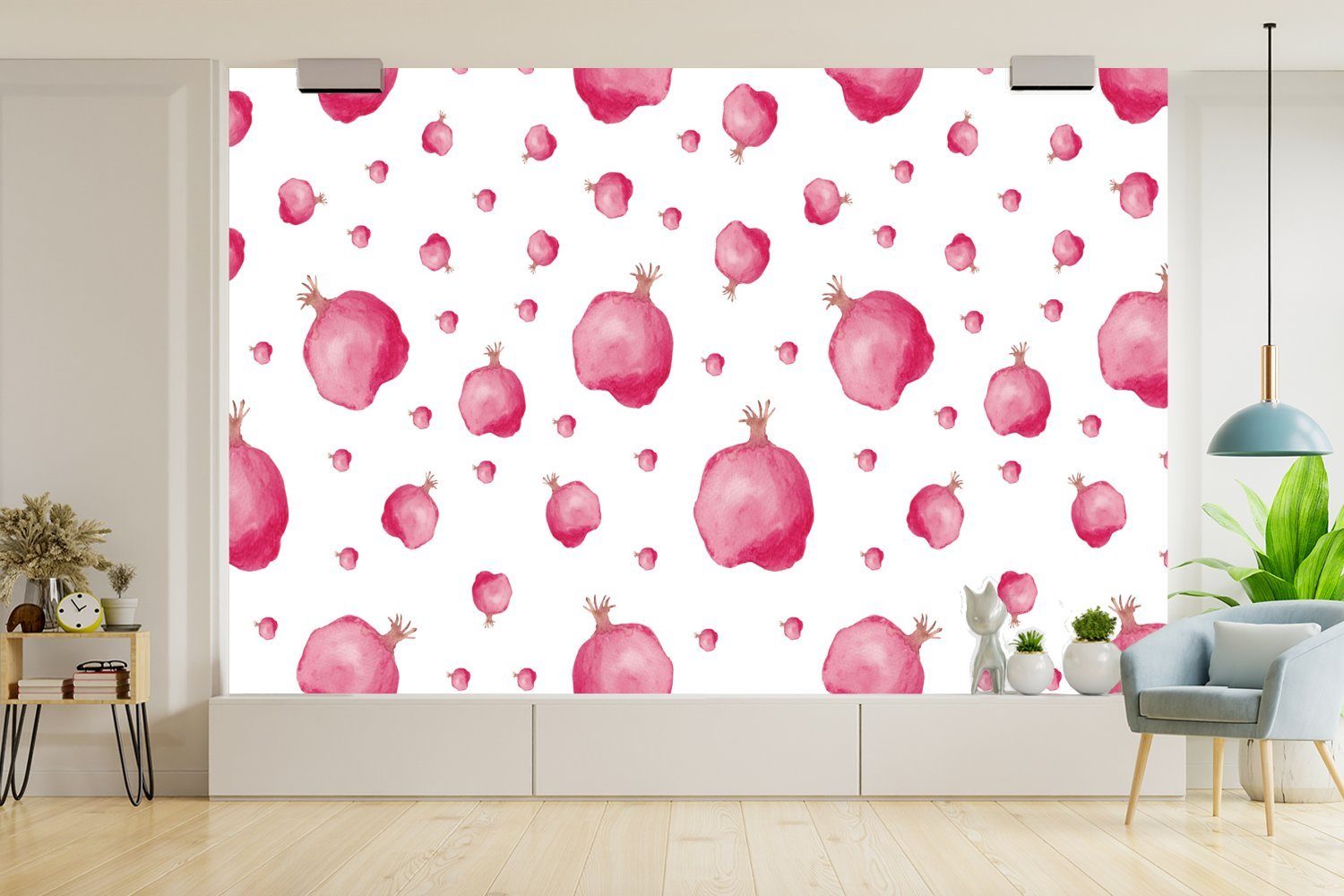 MuchoWow Fototapete St), bedruckt, Schlafzimmer, - Wohnzimmer, (6 - Aquarell, Kinderzimmer, Matt, Wallpaper - Schablonen Vinyl Granatapfel Rosa für Tapete