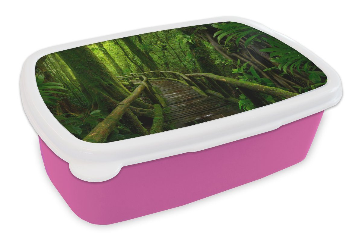 MuchoWow Lunchbox Dschungel - Brücke - Moos - Natur - Tropisch, Kunststoff, (2-tlg), Brotbox für Erwachsene, Brotdose Kinder, Snackbox, Mädchen, Kunststoff rosa