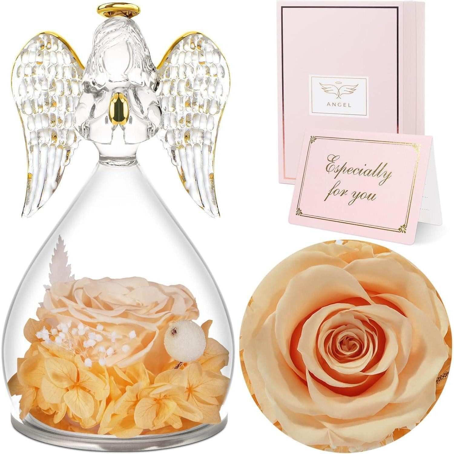 Kunstblume Ewige Rose mit Engel Figur in Glaskuppel Rosa Geschenk Muttertag, LuxusKollektion, Höhe 17.8 cm