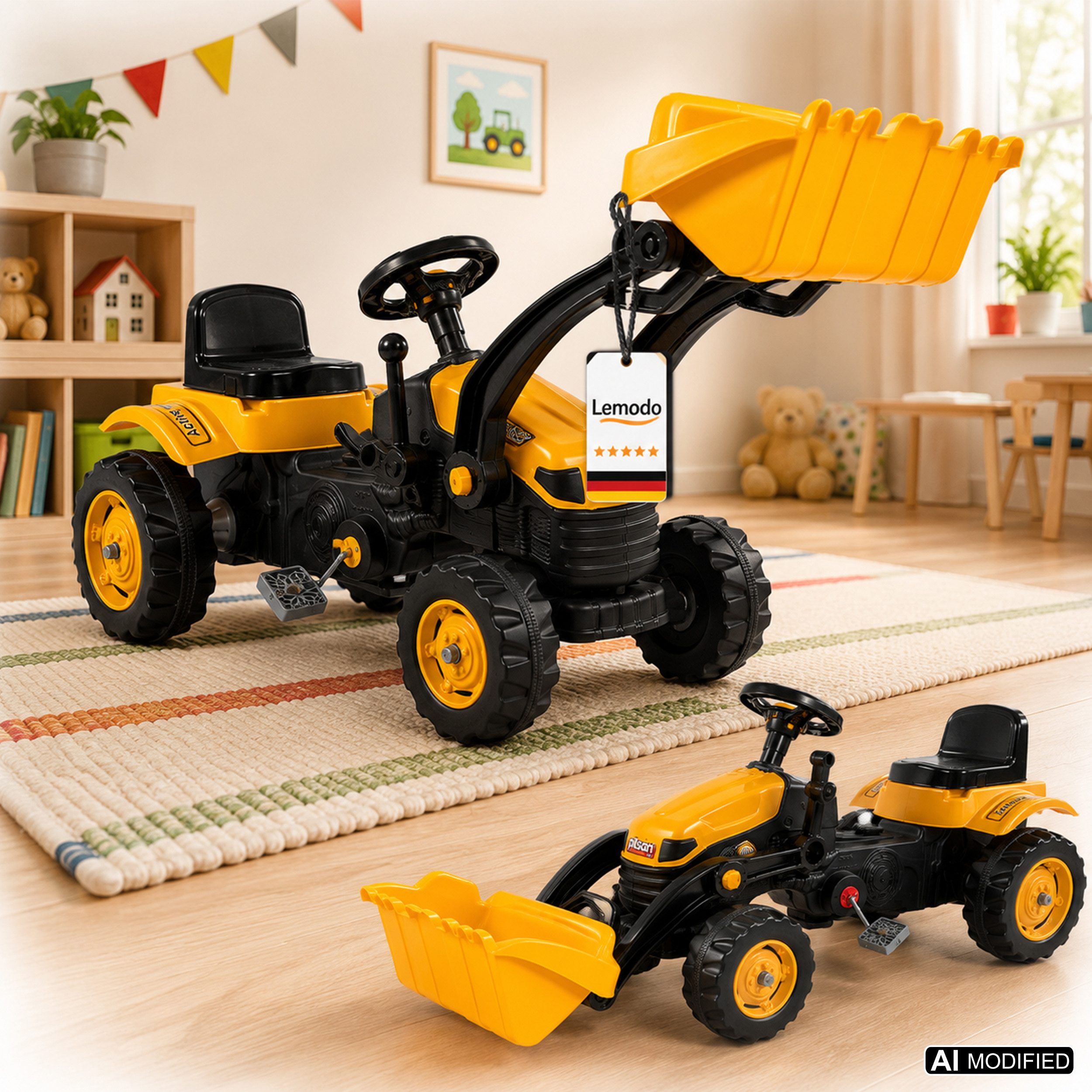 Lemodo Trettraktor Kindertraktor mit Schaufel und Hupe, Trettrecker in gelb