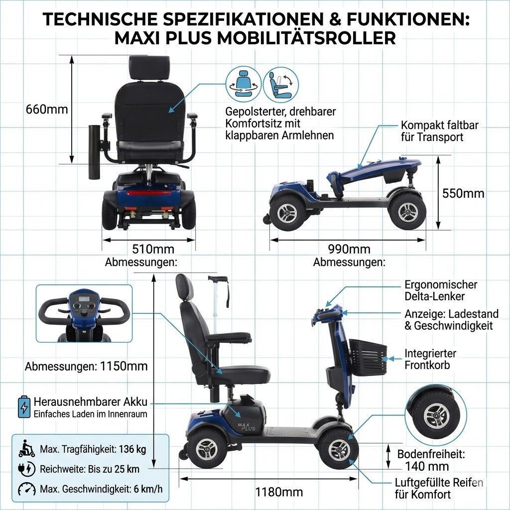 kowdom Elektromobil E-Mobil Senioren 6km/h faltbar 25km 360° Sitz USB führerscheinfrei, 300 W, (Einzelgerät, Einzelgerät), faltbar 990x510mm, 360° Sitz, Kopfstütze, Federung, USB, Windschutz