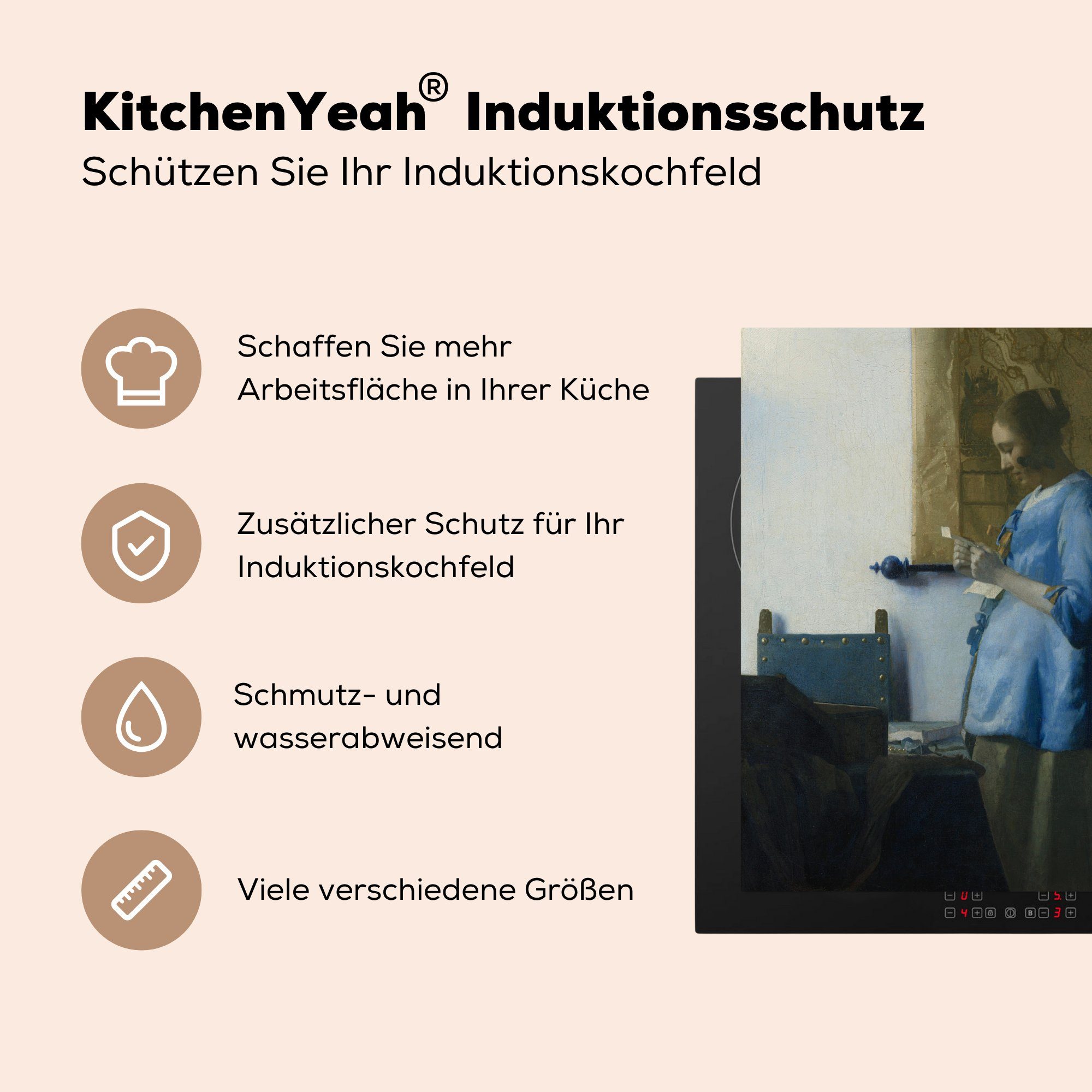 78x78 MuchoWow Ceranfeldabdeckung, (1 einen Arbeitsplatte Vinyl, für Johannes in Vermeer, Blau - Brief cm, tlg), Frau Herdblende-/Abdeckplatte liest küche