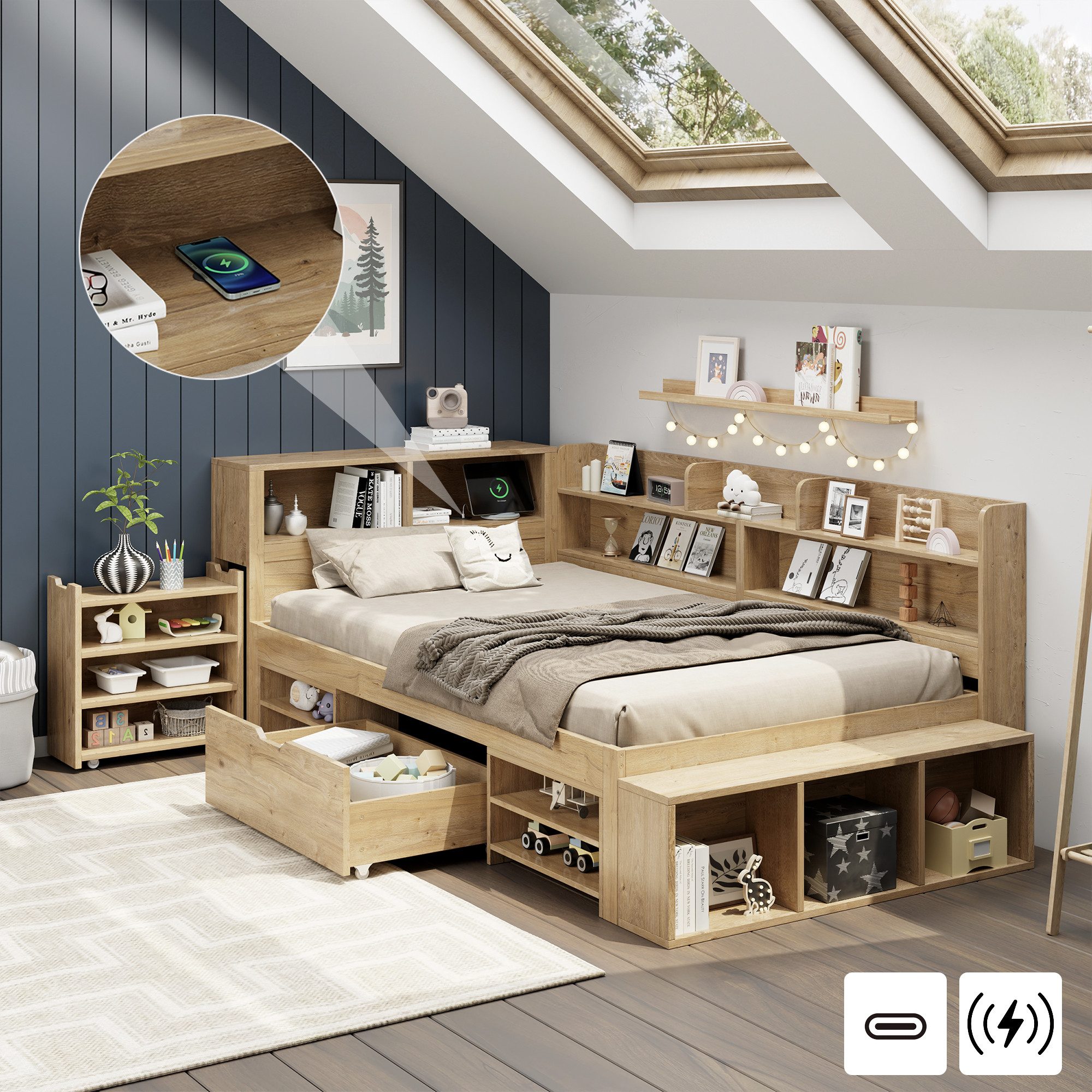 OKWISH Holzbett großer Stauraum (Stauraumbett, Kinderbett, 1-tlg., 90*200 cm, mit Matratze(H16cm), mit ausziehbarer Nachttisch Schubladen, Regal und Stauschrank